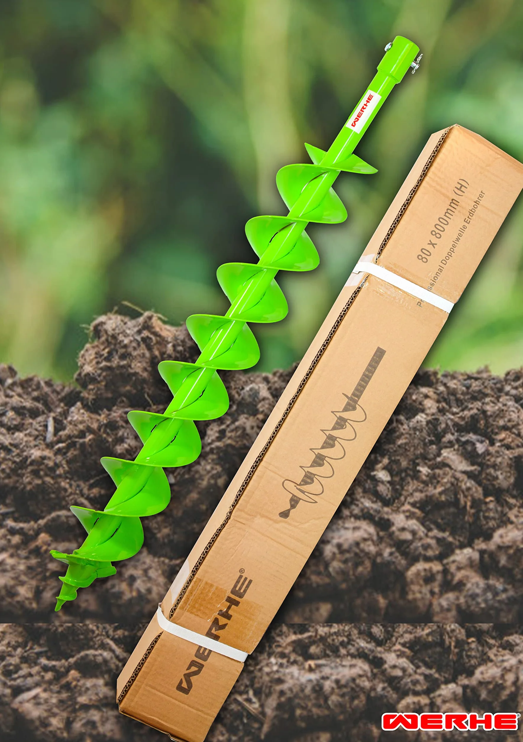 WERHE świder ziemny Ø 80 mm, 80 cm, podwójna helisa, adapter SDS Max | 18 mm chwyt, ostrza z węglika, długość robocza 60 cm, 4,22 kg, do luźny do gleb średniotwardych, sadzenie drzew