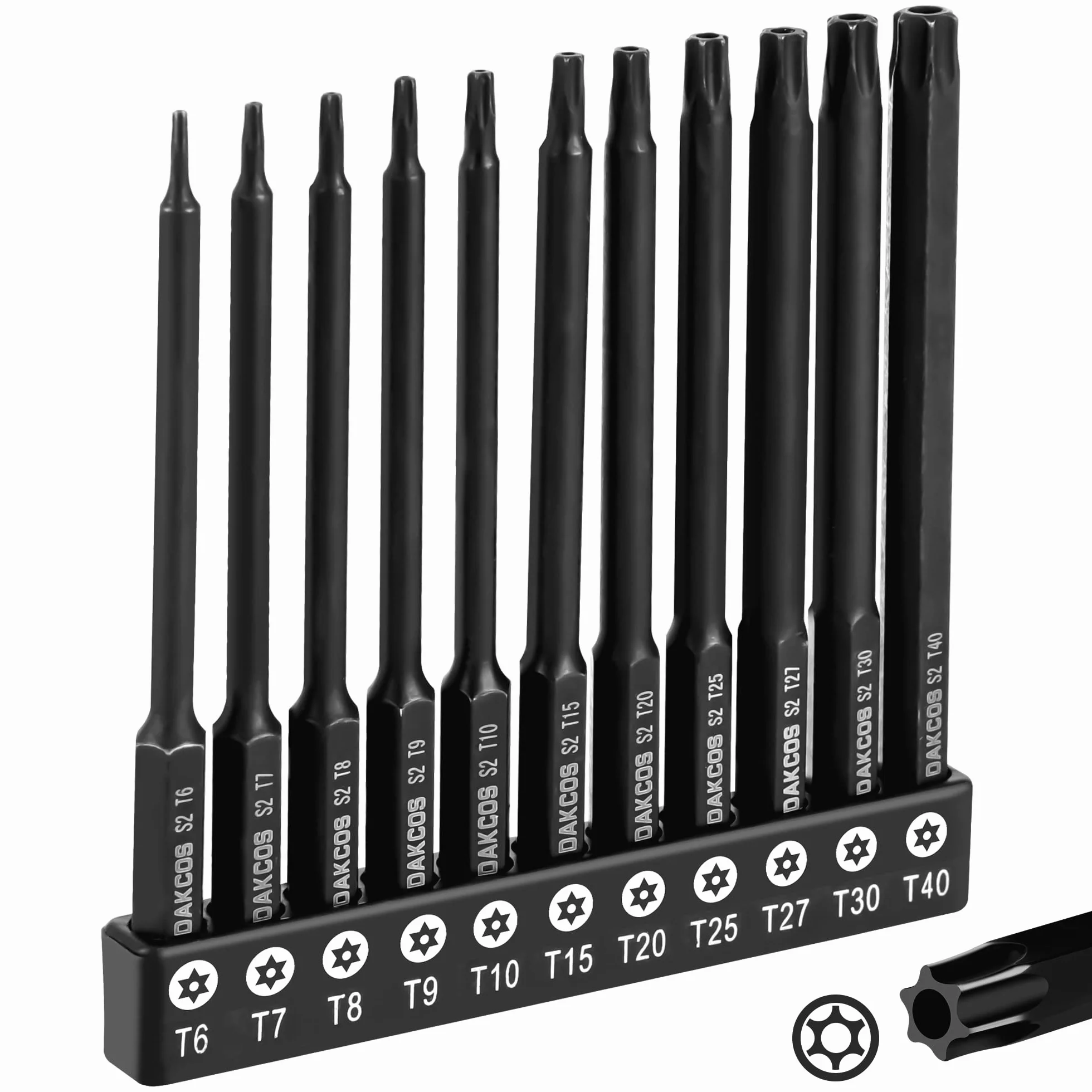 DAKCOS T6 - T40 zestaw bitów Torx odporny na manipulacje, 11-częściowy zestaw bitów Security Star, długość 100 mm, stal stopowa Premium S2
