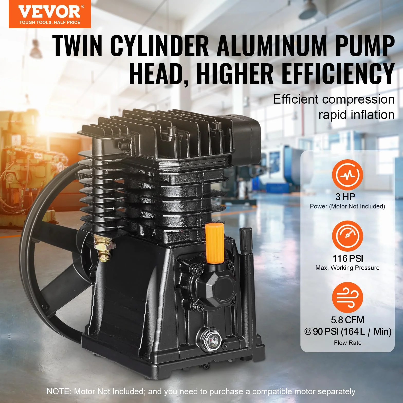 VEVOR Głowica pompy sprężarki powietrza 3HP 5,8 CFM 90 PSI, głowica pompy sprężarki powietrza 2 cylindry, pojedyncza głowica pompy z ciśnieniem maks. 116 PSI, głowica pompy przepływu 164 l/min