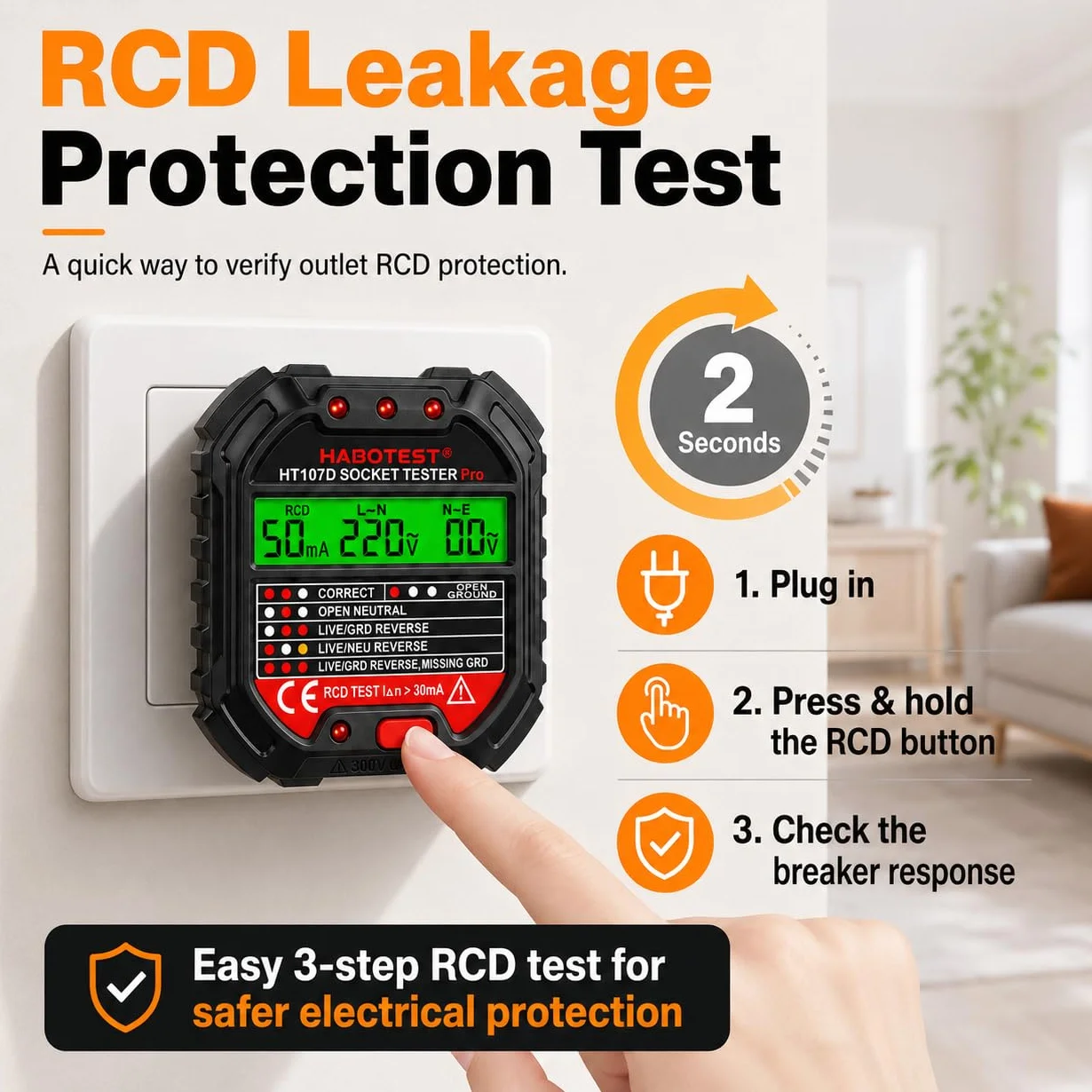 VOBOR Tester gniazd z kontrolką RCD i wyświetlaczem napięcia LCD, 6 rodzajów diagnostyki błędów, tester napięcia FI z wyświetlaczem kontrolnym 90-250 V/45-65 Hz, CAT ll 300 V
