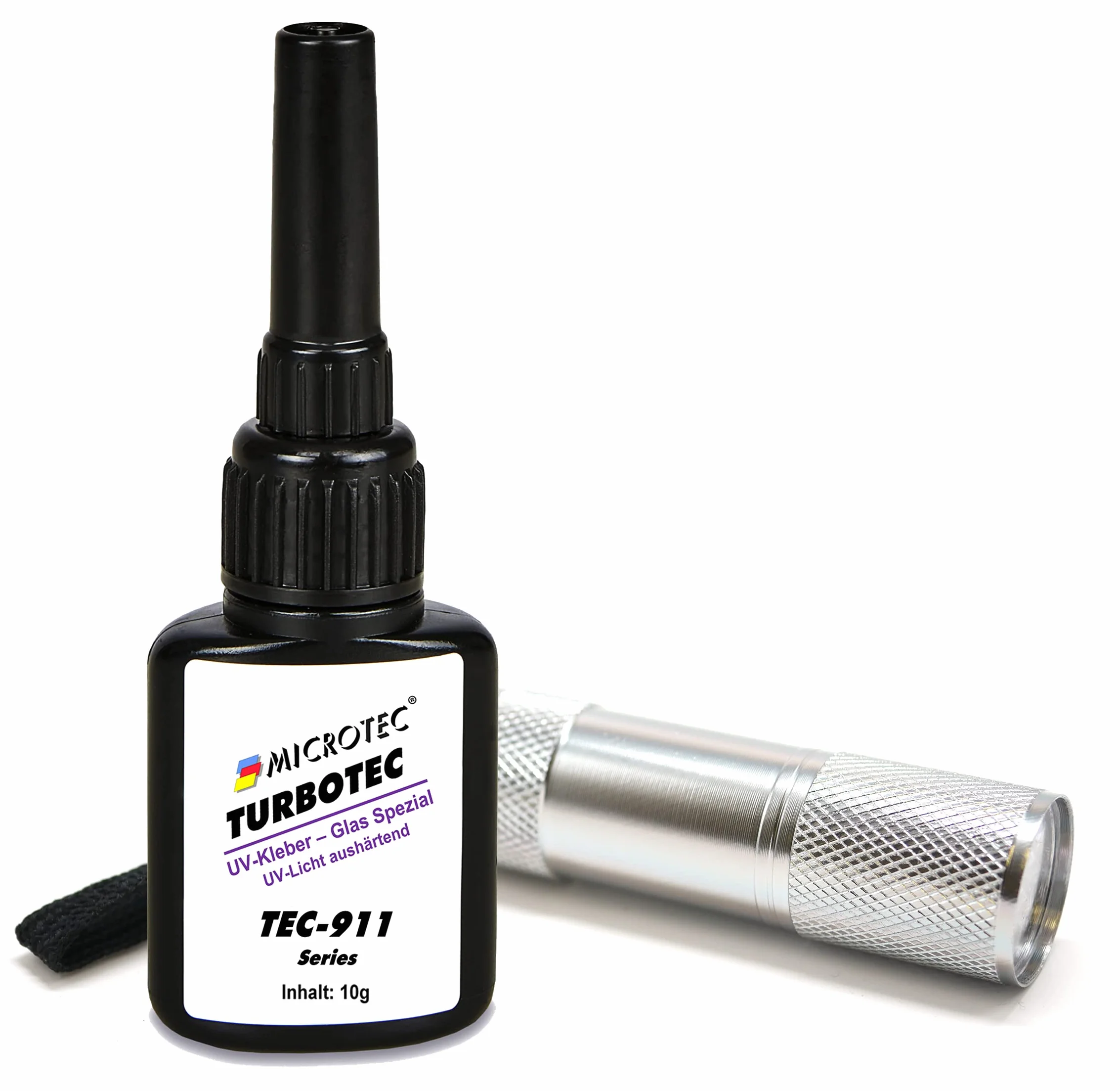 Microtec Turbotec 911 specjalny klej UV do szkła, bardzo mocny, do szkła/metalu, 10 g, z latarką UV, utwardzający światło i przezroczysty klej, wysokiej jakości produkt z Niemiec
