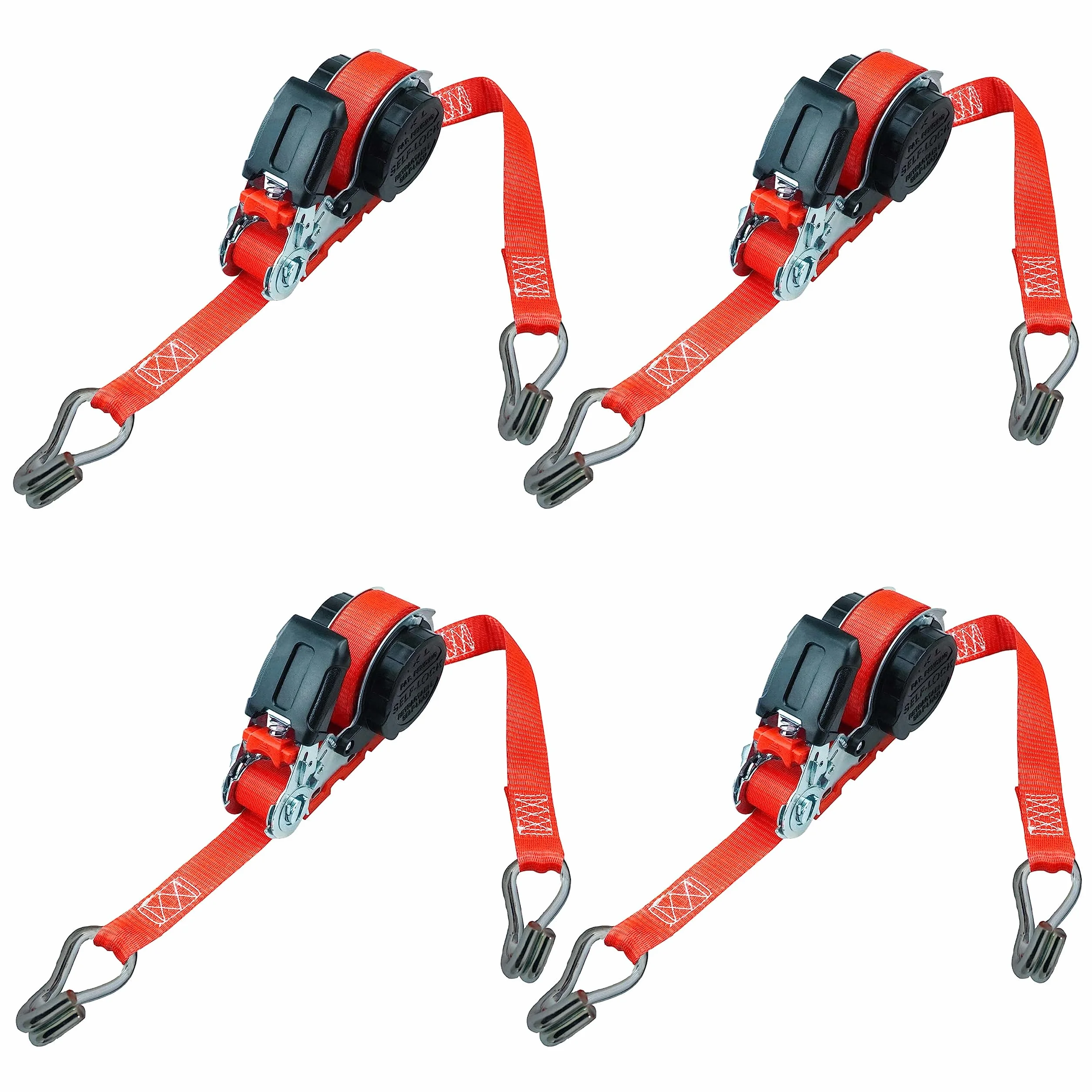 PETEX 4 x automatyczny pas napinający zapadkowy, samoczynnie zwijający, 1-częściowy, 5 m x 25 mm, 350/700 daN, czerwony, podwójny hak