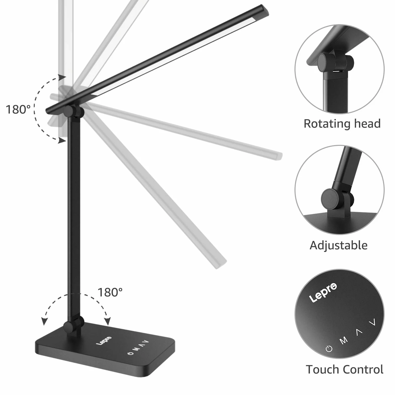 Lepro Lampa biurkowa LED, 450 lm, 3 kolory i 5 poziomów jasności, możliwość ściemniania, 3000-6500 K, światło dzienne z ochroną oczu, lampka nocna, lampka do czytania dla dzieci, do biura, czarna