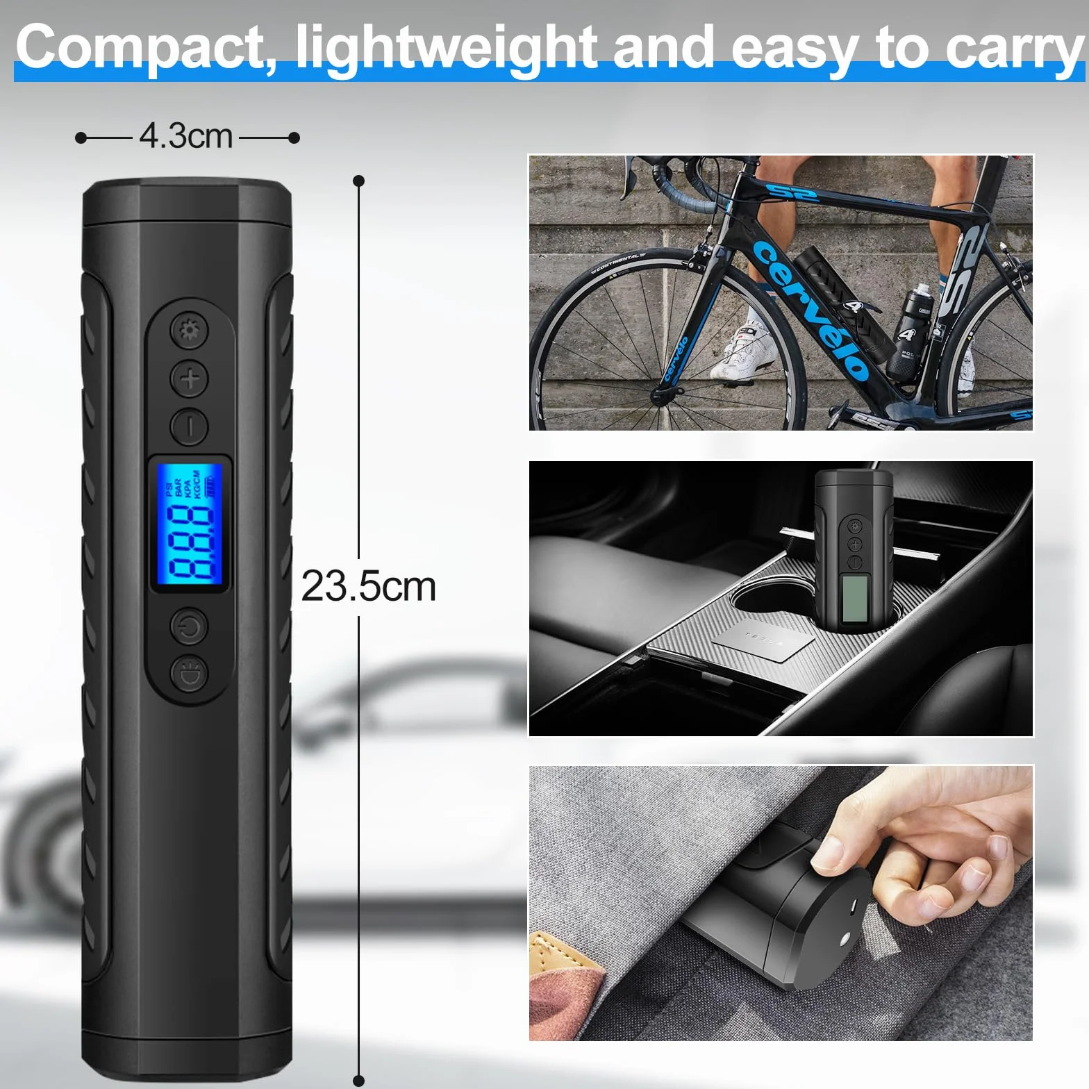 Przenośna sprężarka powietrza Przenośny Kompresor 150 PSI 6000 mAh Bezprzewodowa Pompka do Opon z Wyświetlaczem LCD, Lampką LED i 3 Końcówkami do Samochodu, Roweru i Motocykla