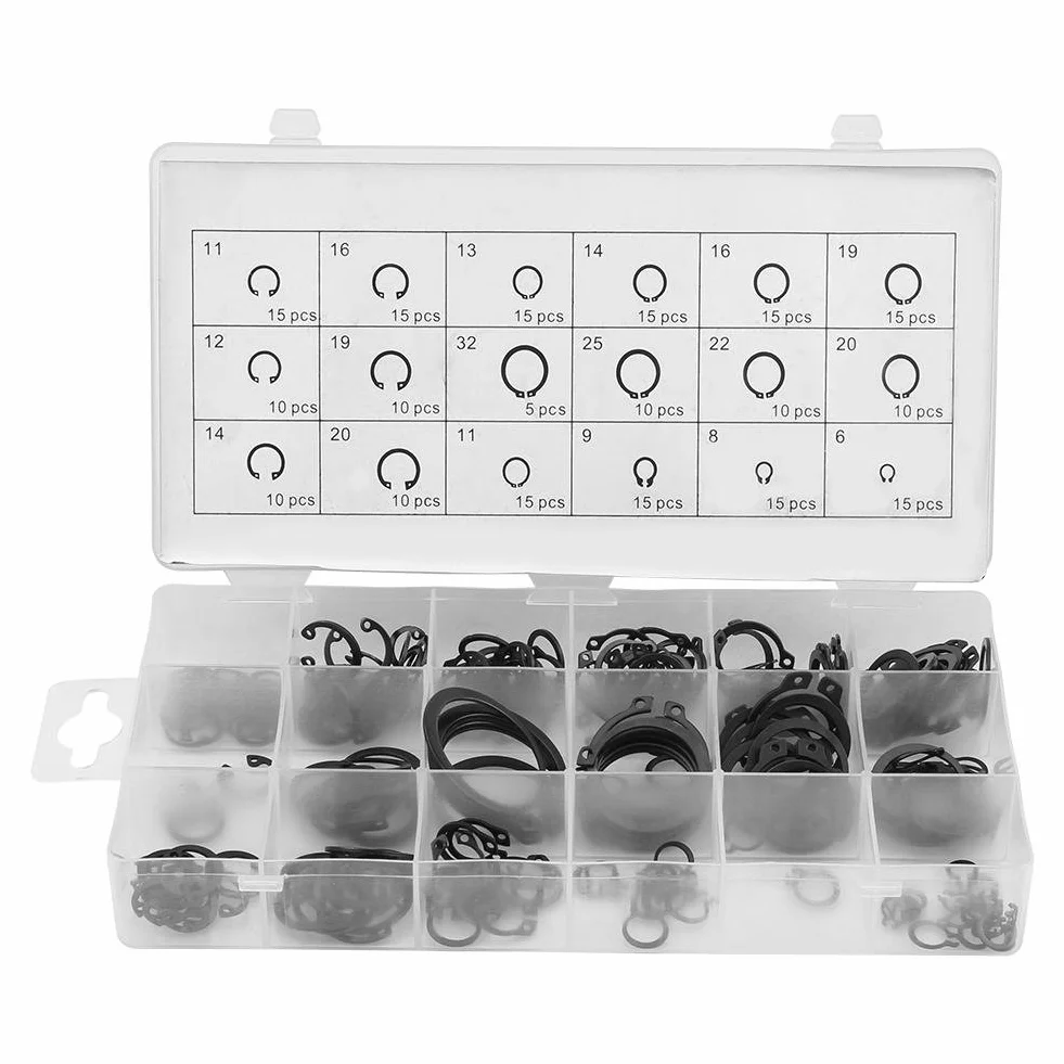225 szt. C-Clip Snap Ring Shop Asortyment 18 rozmiarów wewnętrzny i zewnętrzny metalowy pierścień zabezpieczający zatrzask asortyment spinek zabezpieczających z pudełkiem.