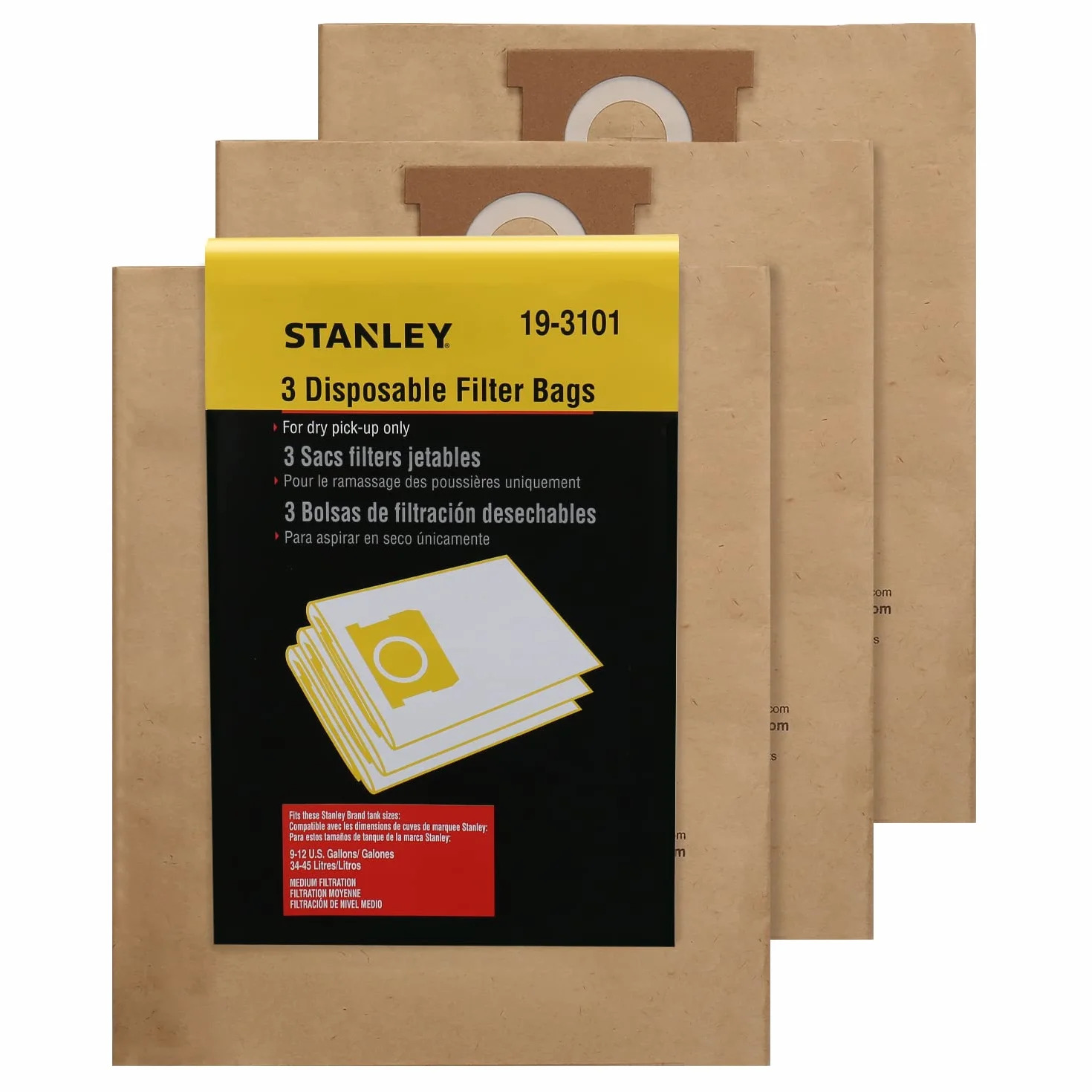 Stanley 19-3101 9-12 galon jednorazowy worek filtrujący do odkurzaczy mokrych/suchych, 3-pak