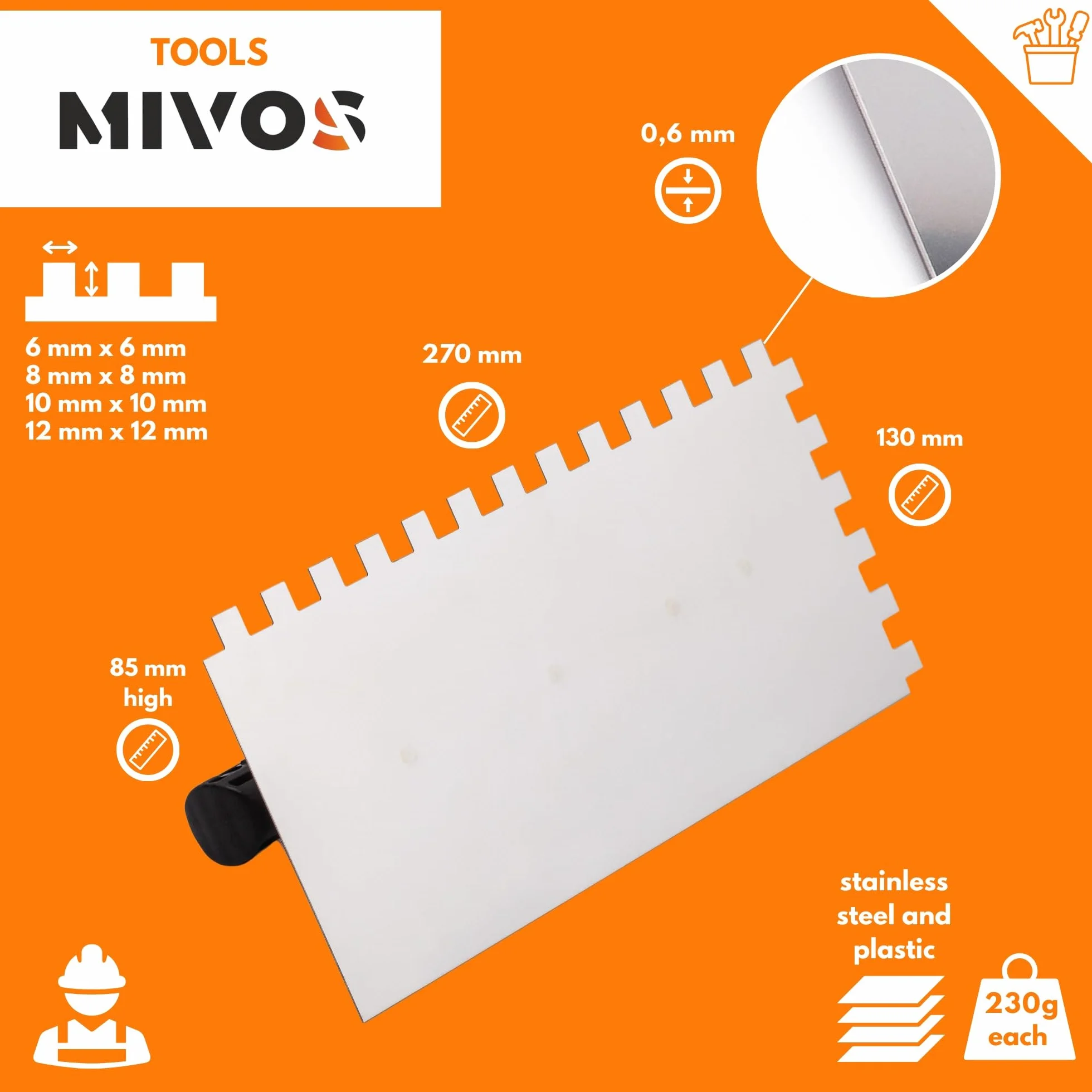 Mivos 4-częściowy zestaw kielni do wygładzania zębów, stal nierdzewna, kielnia zębata 6x6, 8x8, 10x10, 12x12 mm, ząbkowana kielnia wygładzająca 270 x 130 cm, z uchwytem z tworzywa sztucznego,