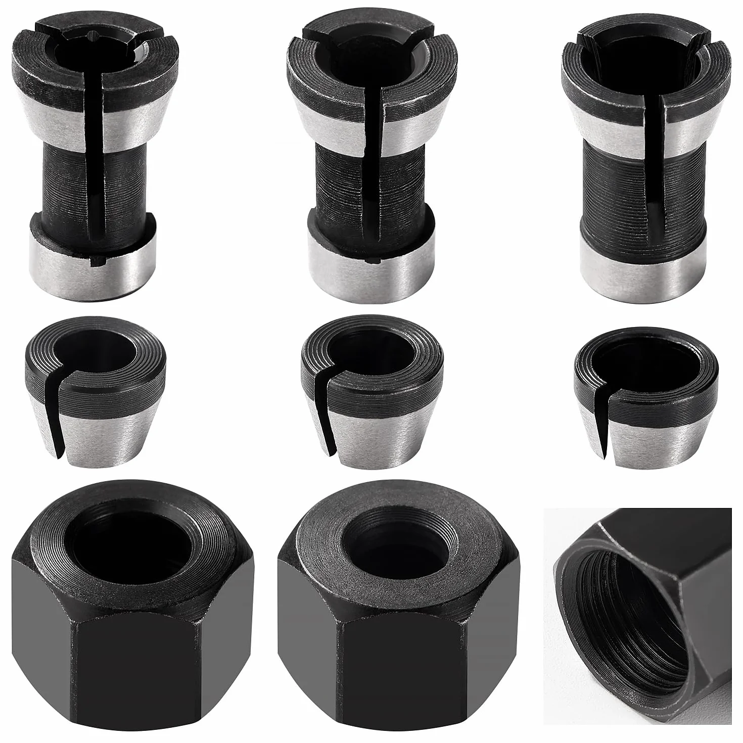 VooGenzek 6 Sztuk 6mm / 6.35mm / 8mm Uchwyt Zaciskowy do Frezarki, Adapter Tulei Zaciskowej Frezu z 2 Sztuk Nakrętki Zaciskowej, do Obróbki Drewna, Grawerowania