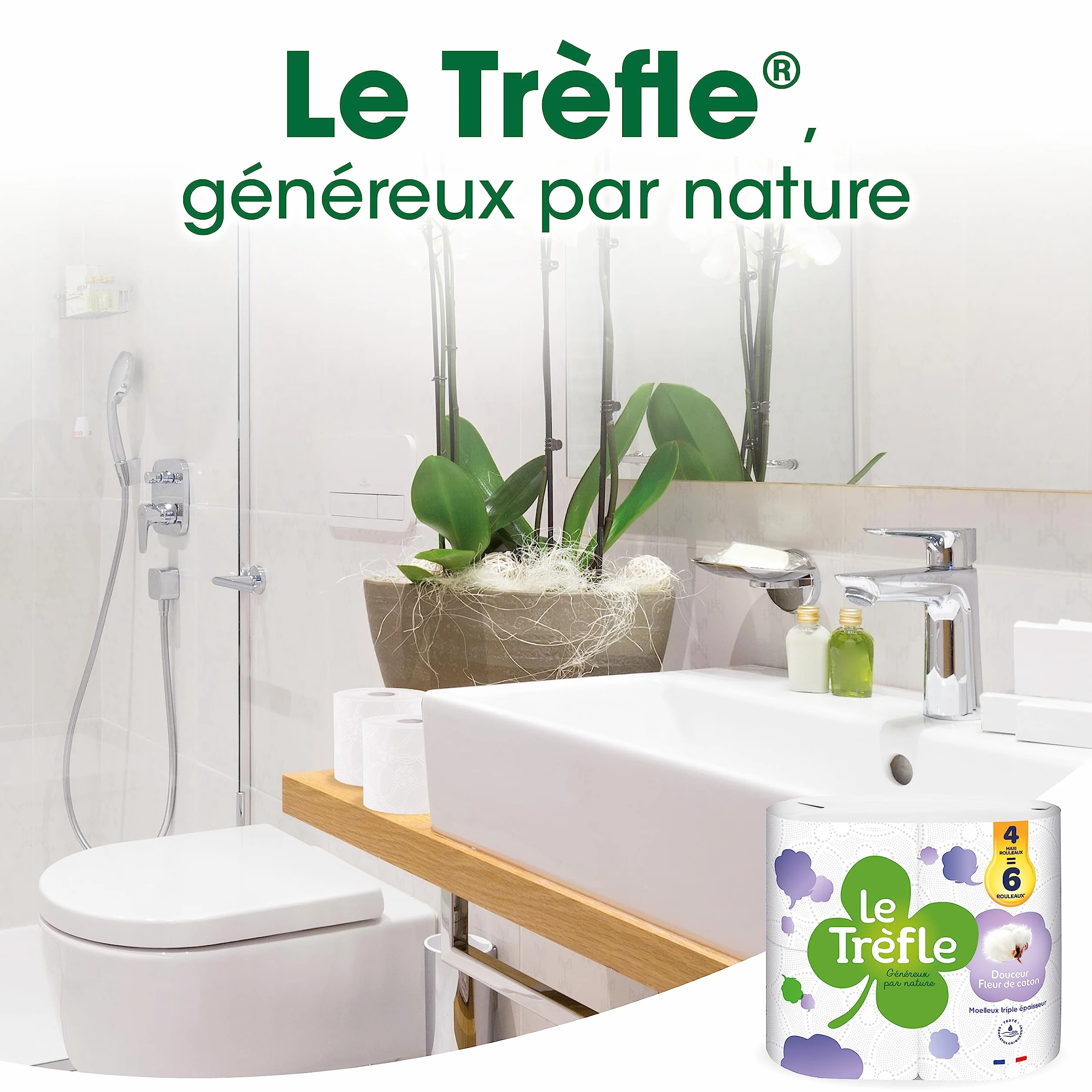 Le Trefle® Douceur Fleur de Coton papier toaletowy, 4 rolki maxi = 6 klasycznych rolek, balsam z ekstraktami bawełny, opakowanie nadające się do recyklingu, certyfikat FSC®, uniseks