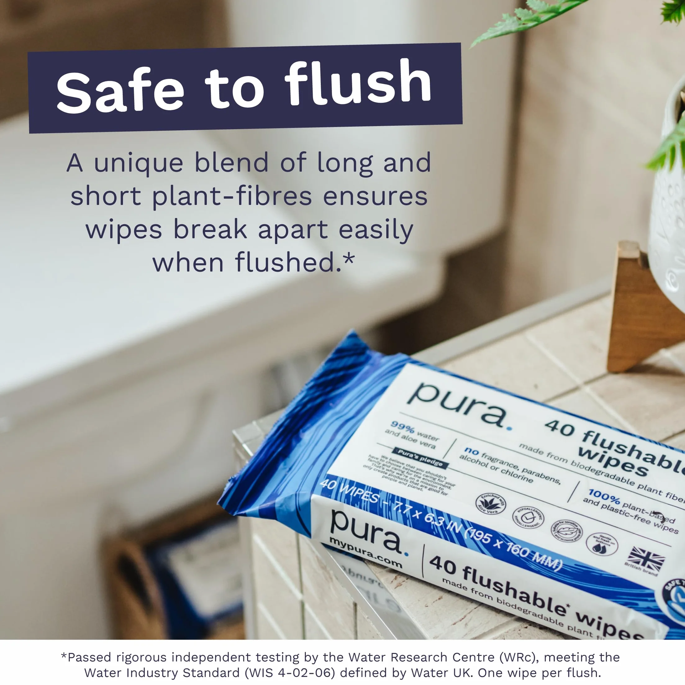 Pura Wysokiej jakości wilgotne chusteczki toaletowe do spłukiwania, 40 sztuk, czyste myjki, certyfikat "Fine To Flush", w 100% bez plastiku, biodegradowalne, nadające się do kompostowania