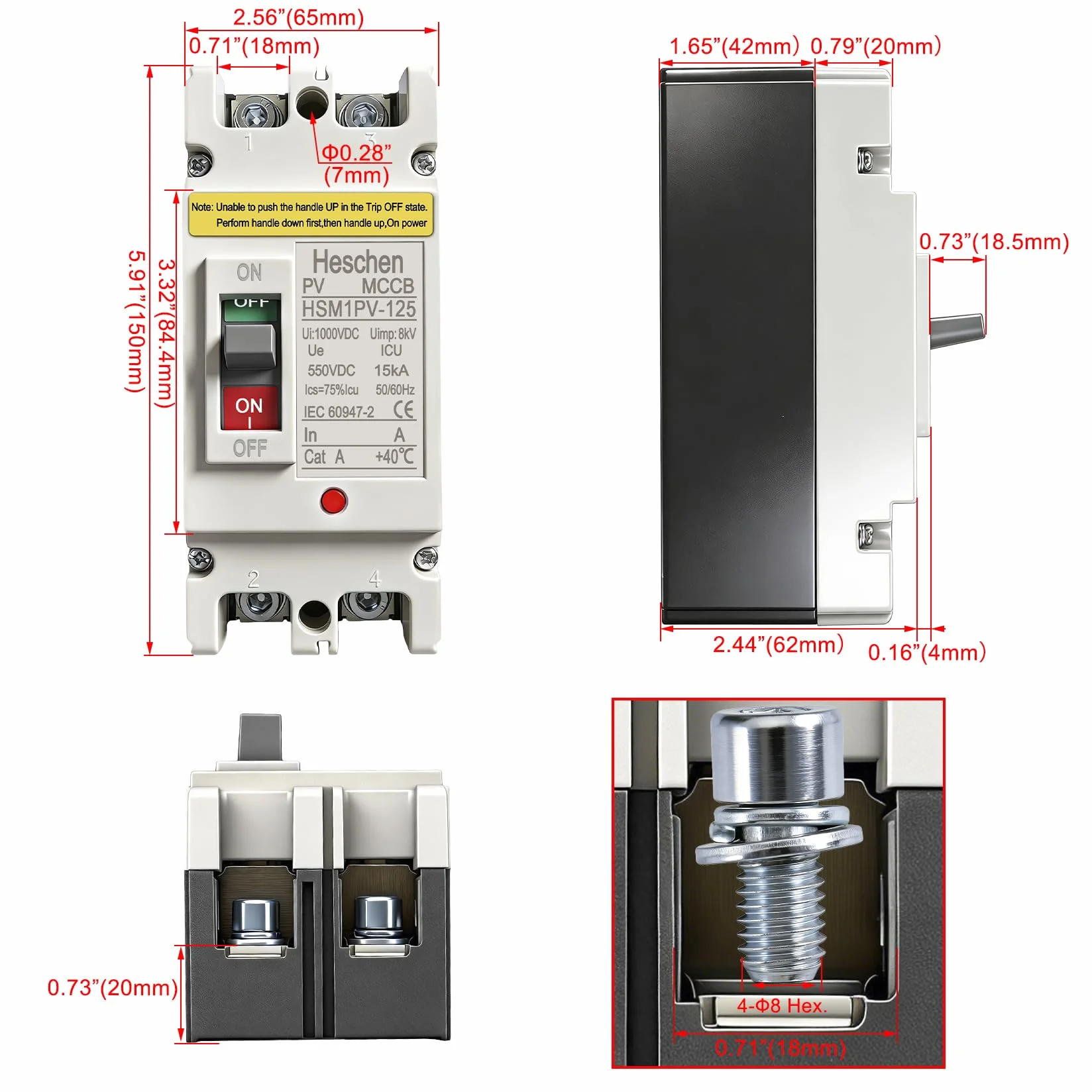 Heschen Wyłącznik DC MCCB HSM1PV-125 2-biegunowy DC550V 63A do instalacji solarnych PV