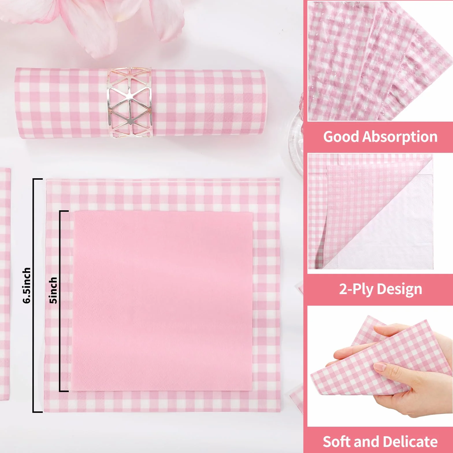 Różowe papierowe serwetki w kratkę, 16,5 cm, 2-warstwowe, różowe i białe papierowe serwetki jednorazowe na wesela, baby shower, pikniki i dekoracje świąteczne