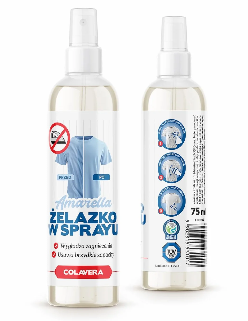 AMARELLA żelazko w sprayu zapach Crease Releaser Colavera 75 ml w podróży prasowanie bez żelazka