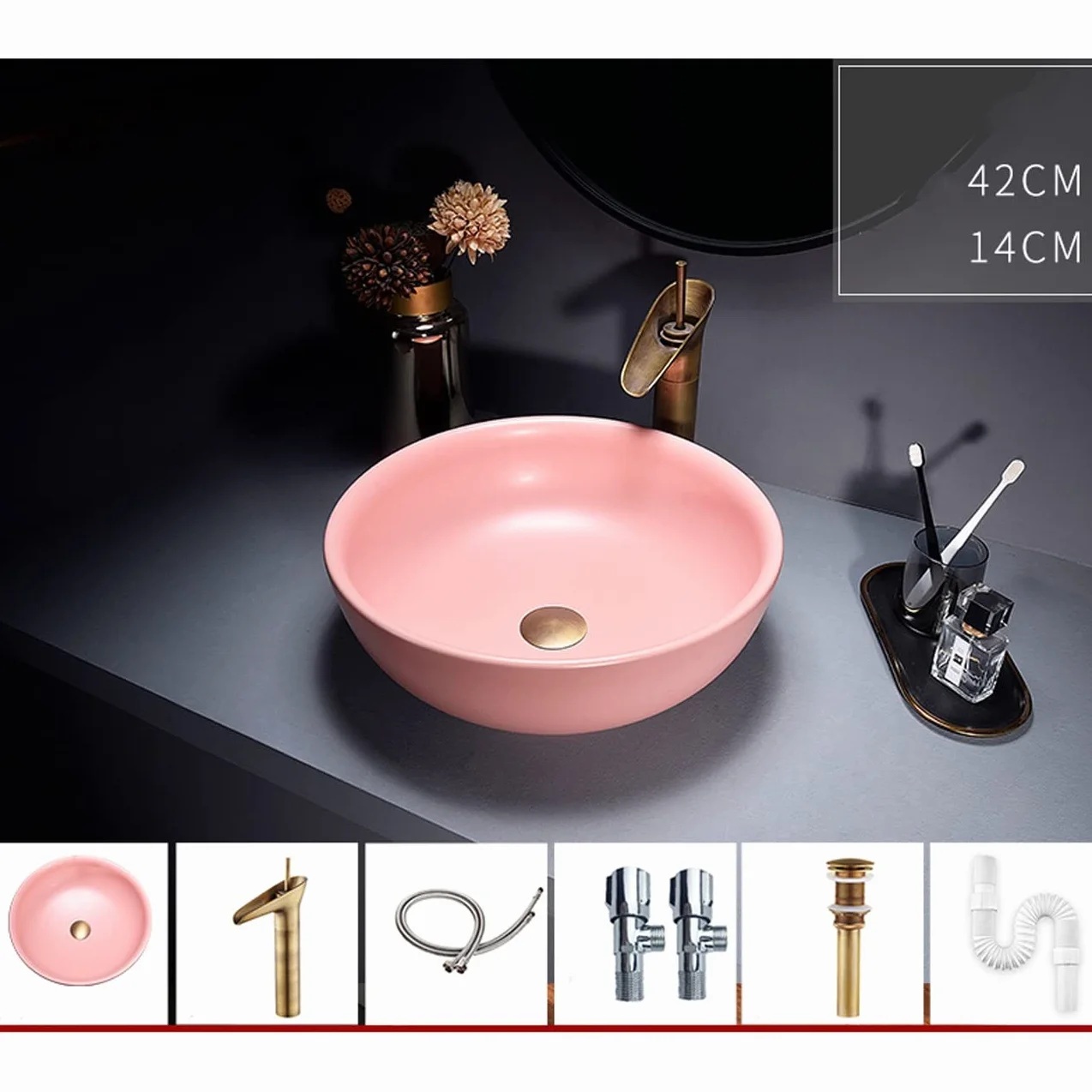 Umywalka Łazienkowa Nablatowa, Okrągła Ceramiczna Umywalka Nablatowa Z Porcelany, Minimalistyczna, Rozmiar Pinkone