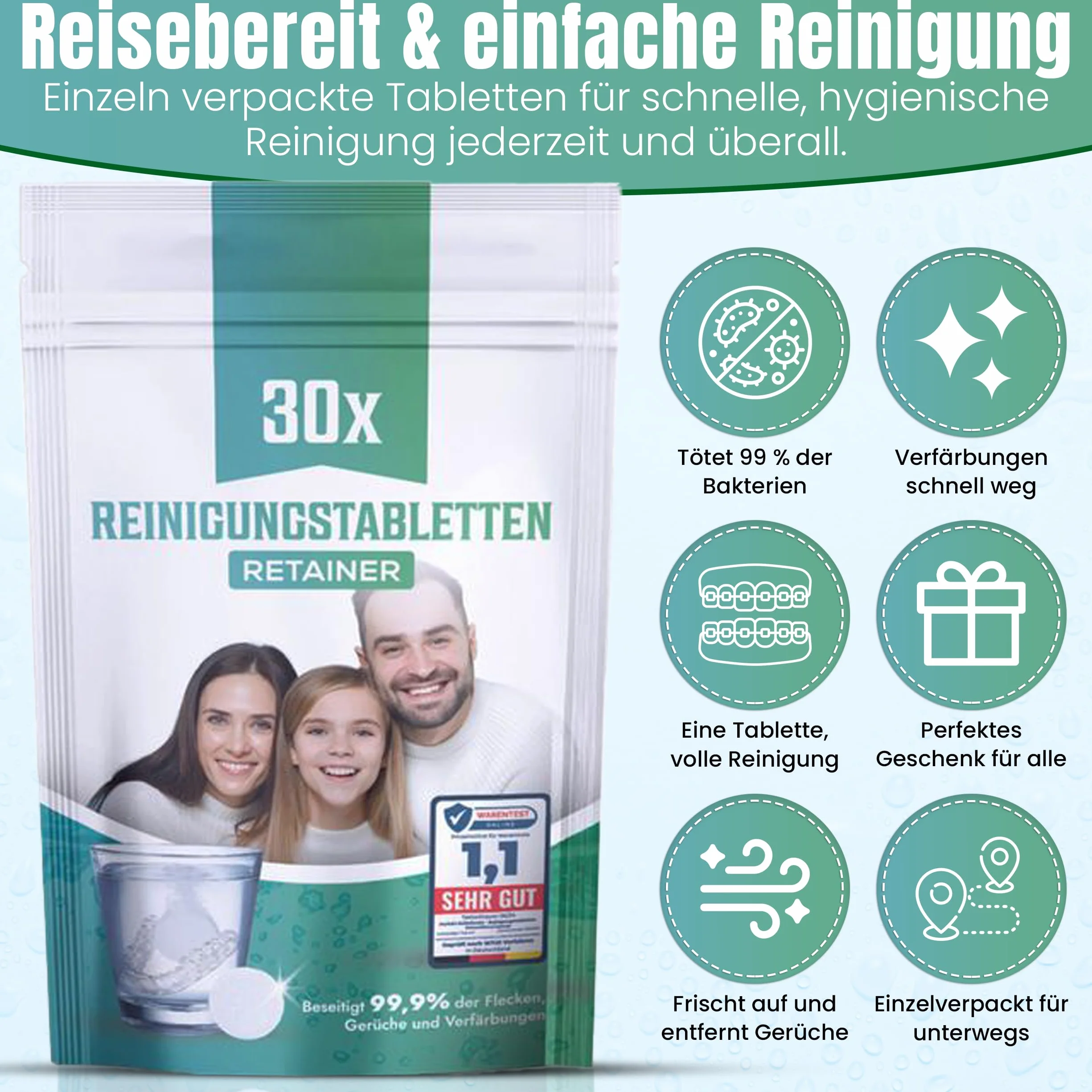 Retainer tabletka czyszcząca – 30 x tabletki do czyszczenia szyn zębowych, bez plam, ochrona zębów, usuwanie nieprzyjemnych zapachów