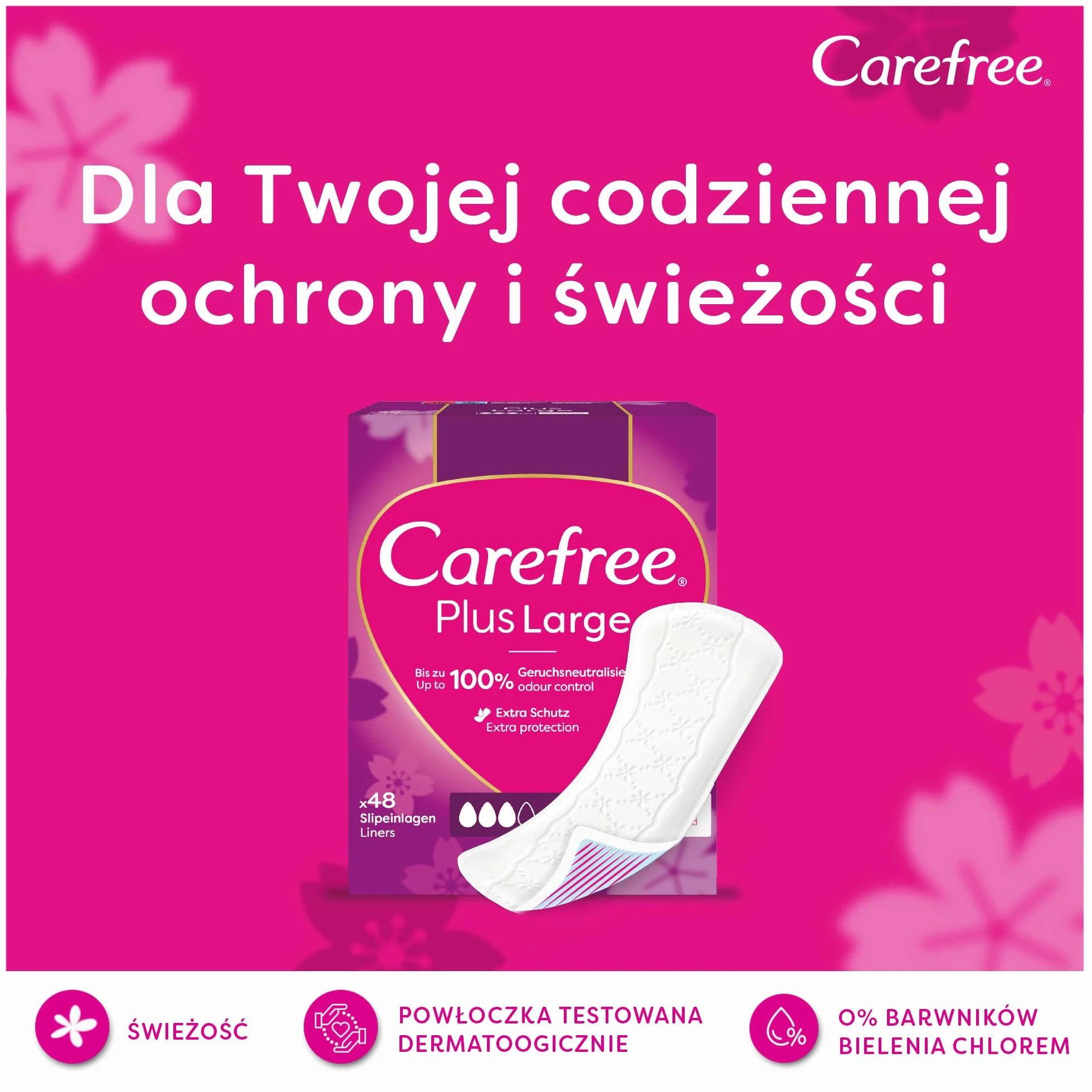 Carefree Plus Large 64 szt. szt. Wkładki higieniczne z wyjątkowo chłonnym wkładem. Zapewniają długotrwałą ochronę przed wilgocią i nieprzyjemnym zapachem.