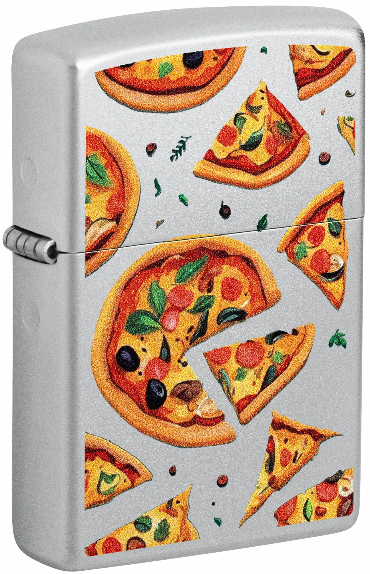 Zippo Pizza Zapalniczka Sztormowa, Kolorowy Nadruk, do Napełniania, Wielokrotnego Użytku, Wiatroodporna Konstrukcja, Pudełko na Prezent, Wykonano w USA, Satynowy Chrom (Satin Chrome)