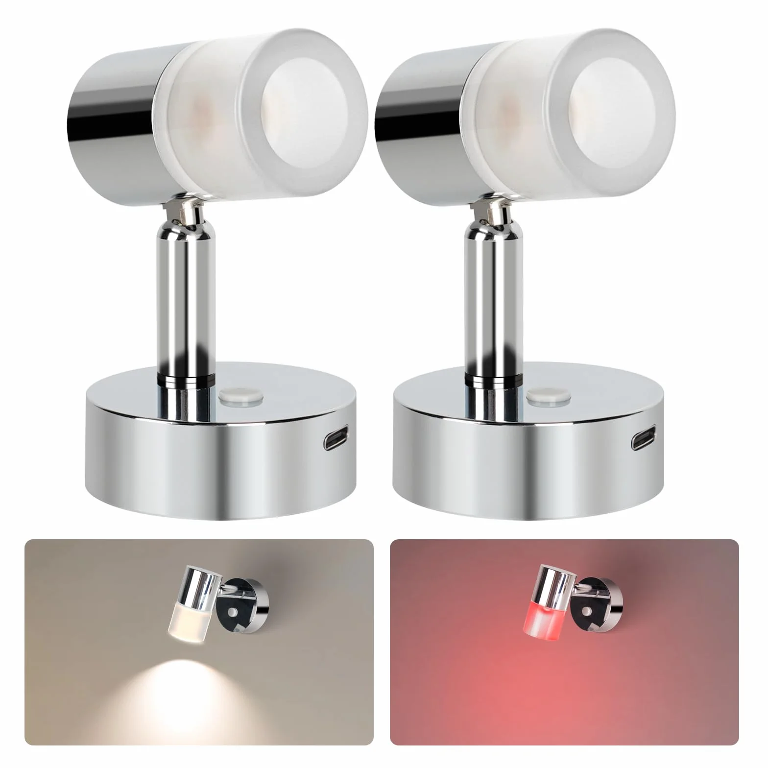 Acegoo Lampa ścienna LED 12V do kampera, ściemniana, obrotowa, USB C, matowy akrylowy abażur, chromowany