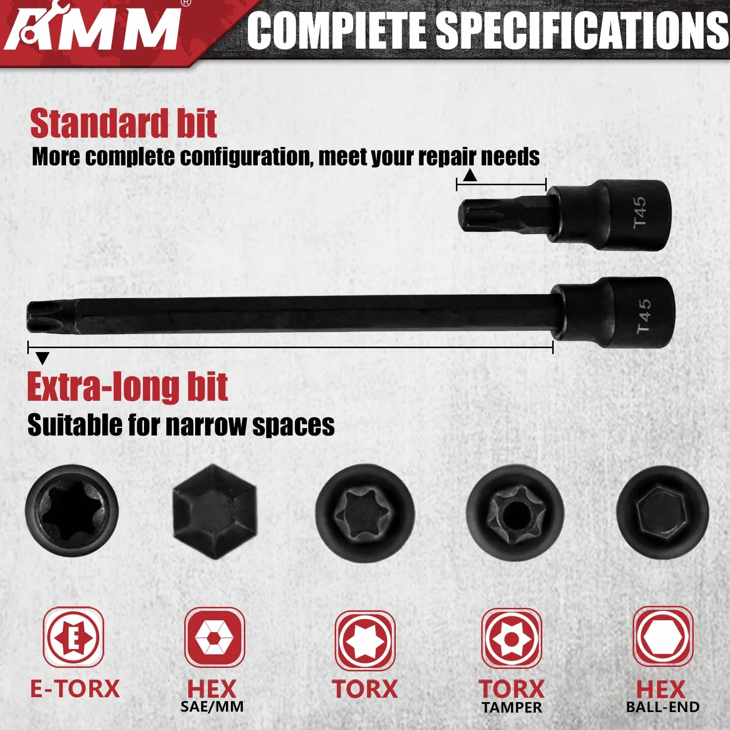 AMM 107 szt. zestaw nasadek imbusowych i Torx, 1/10.2 cm, 3/20.3 cm i 1/5.1 cm, bardzo długi Torx/Tamper Proof Torx/Hex/Ball End Hex, SAE/zestaw nasadek metrycznych, bity ze stali stopowej S2