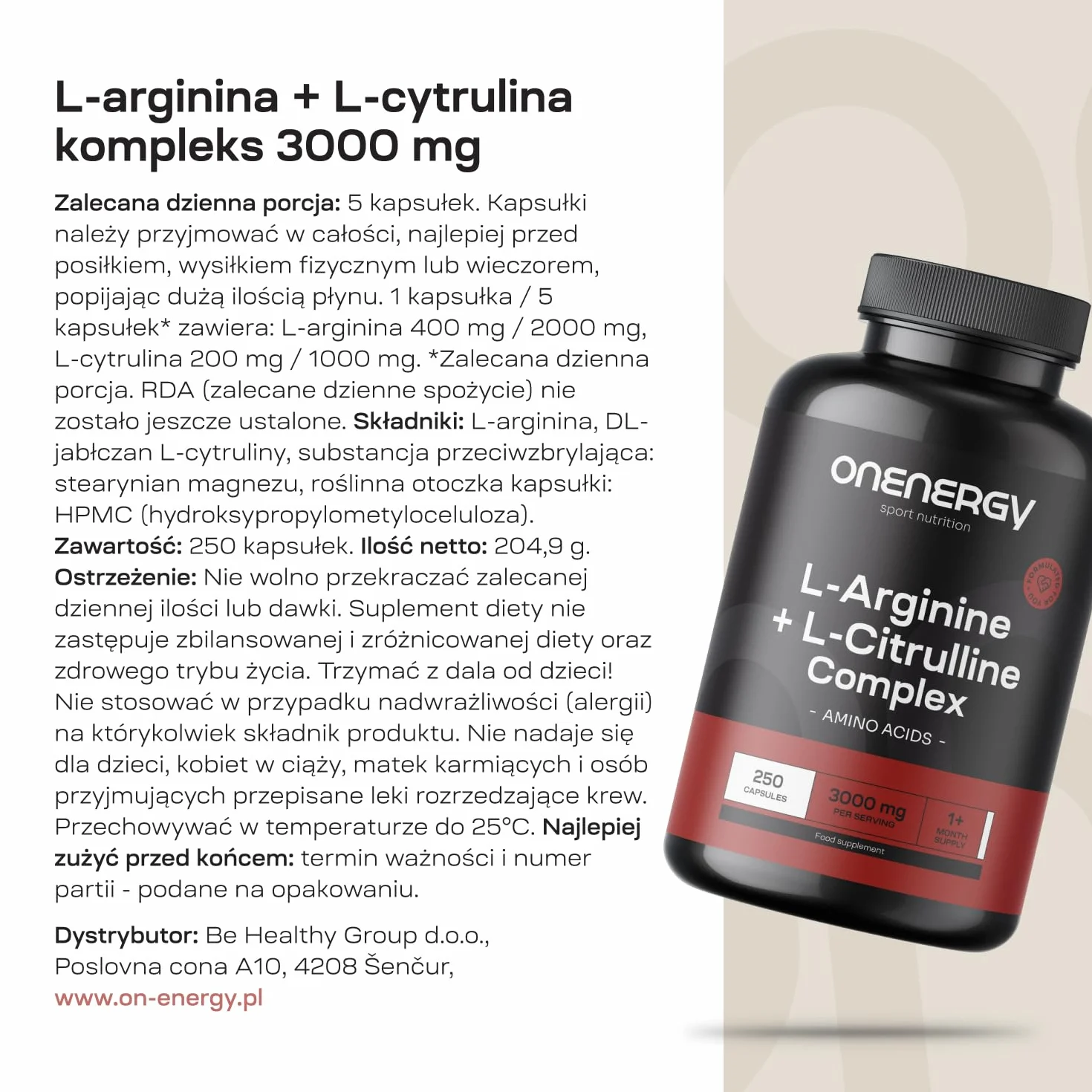 L-arginina + L-cytrulina kompleks 3000 mg od OnEnergy - 250 kapsułek - Wysoka zawartość aminokwasów - Zwiększenie energii - Przyspieszenie regeneracji - Przed i po treningu