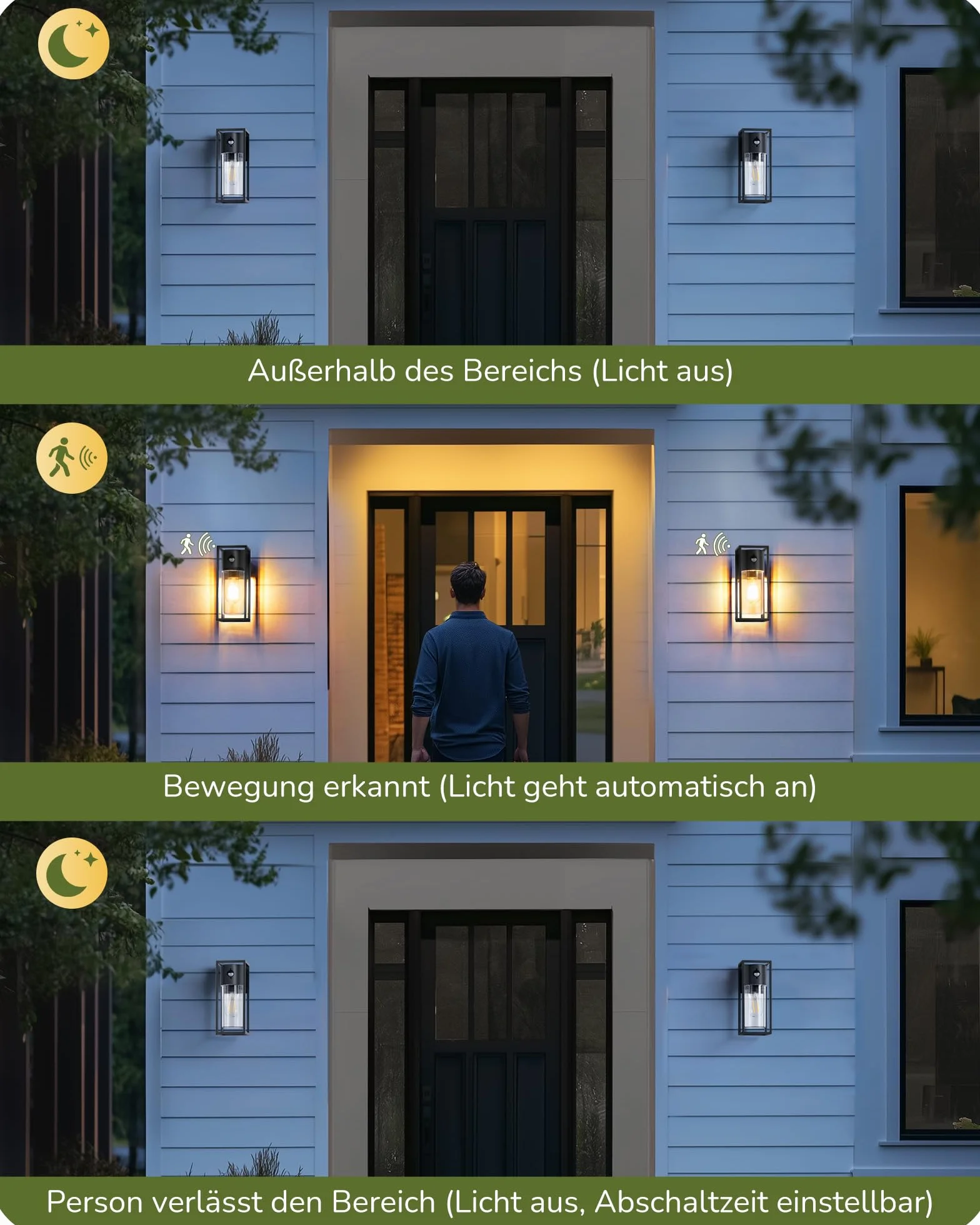 EDISHINE Zewnętrzna lampa ścienna z czujnikiem ruchu, gniazdo E27, wodoodporna IP44, lampa ścienna z aluminium i szkła hartowanego do ogrodu, balkonu, tarasu, frontu, żarówki nie są dołączone, czarna