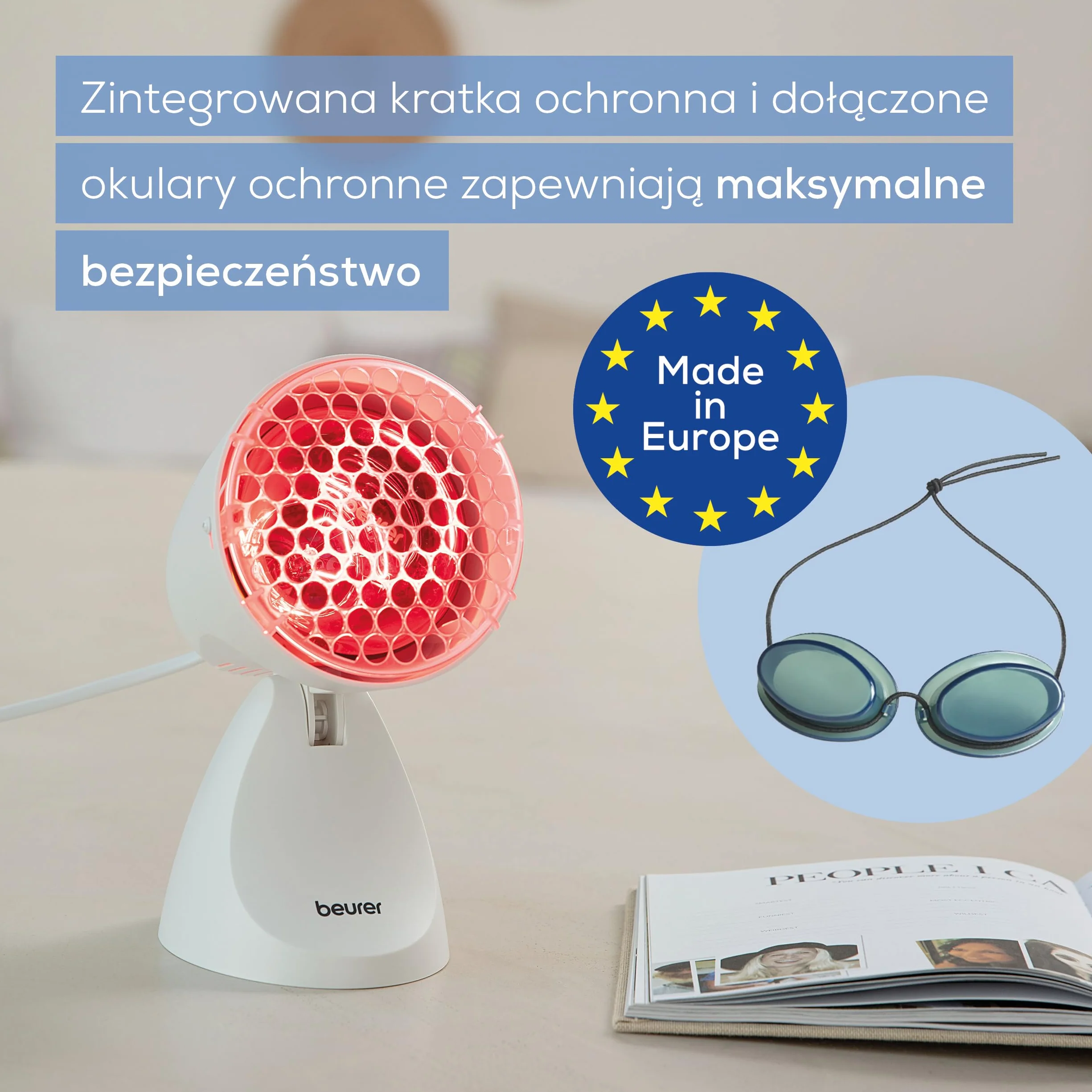 Beurer IL 11 Lampa na podczerwień z kratką ochronną, urządzenie medyczne, 5 poziomów nachylenia, okulary ochronne, biały