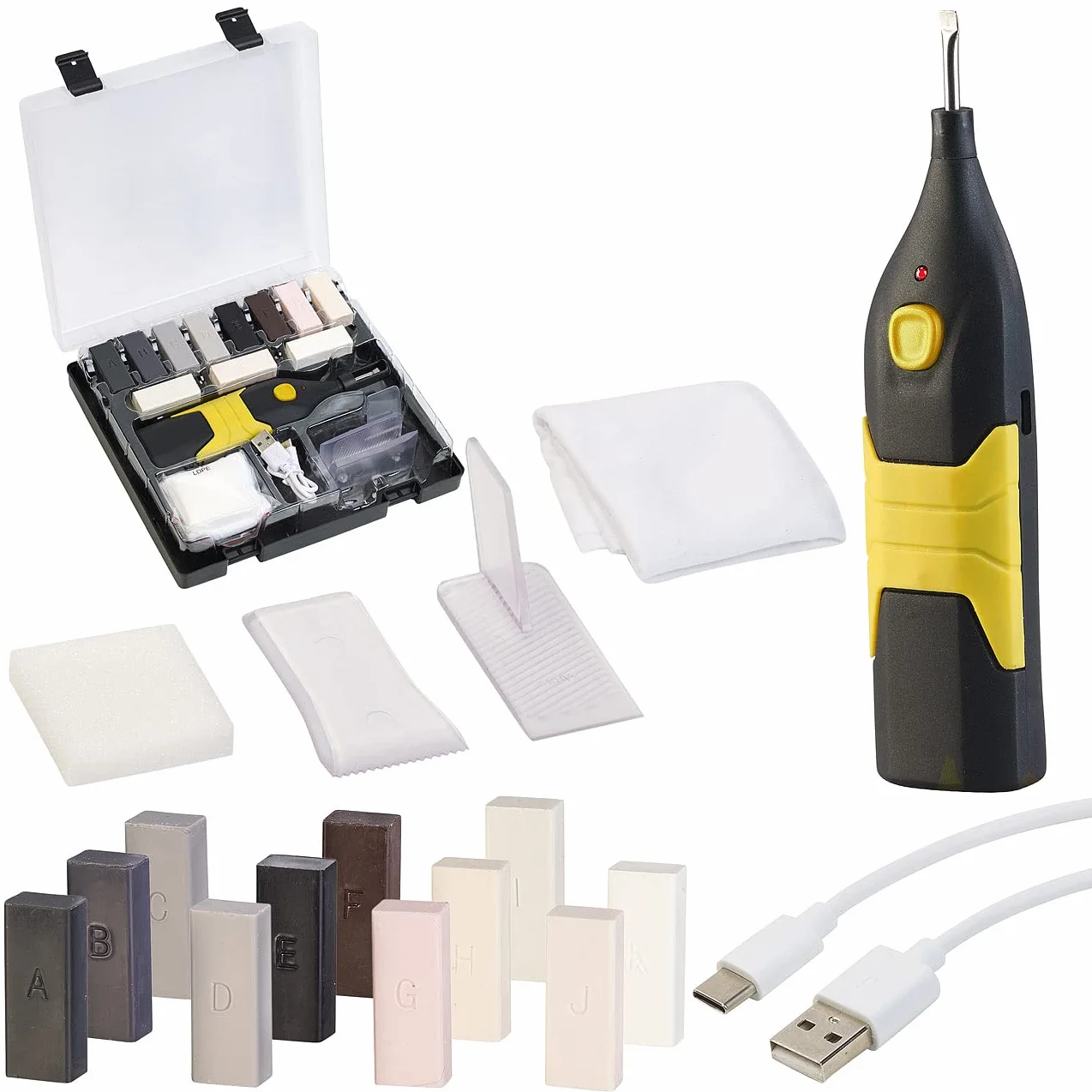 AGT naprawa PVC podłóg: zestaw naprawczy do powierzchni z tworzywa sztucznego z akumulatorowym topiarkiem do wosku, USB-C (wosk do naprawy PVC, zestaw naprawczy, meble)