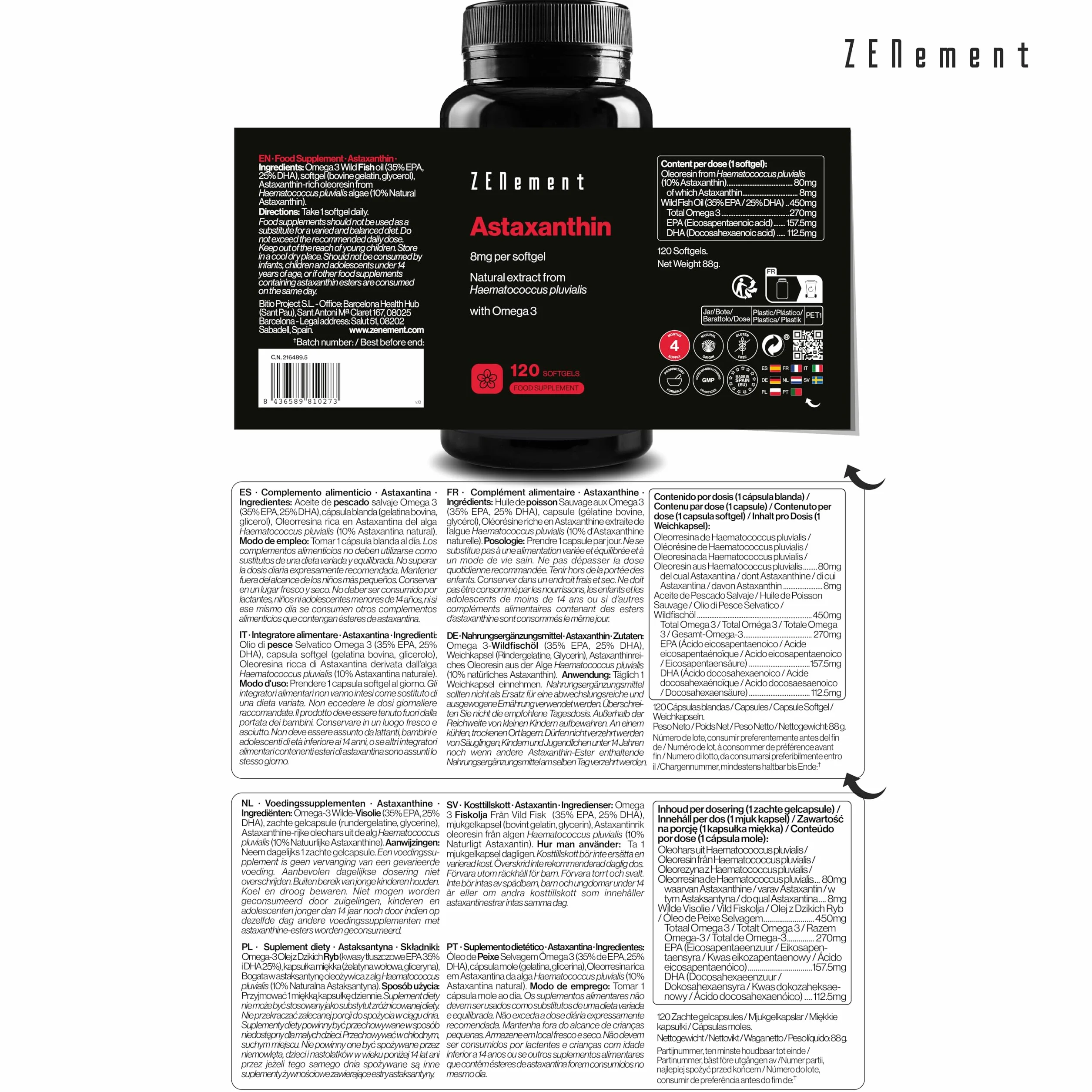 Czysta Naturalna Astaksantyna 8 mg z Haematococcus pluvialis – z Omega-3 dla Lepszego Wchłaniania – 10% Czystej Astaksantyny – 120 Miękkich Kapsułek – Zenement