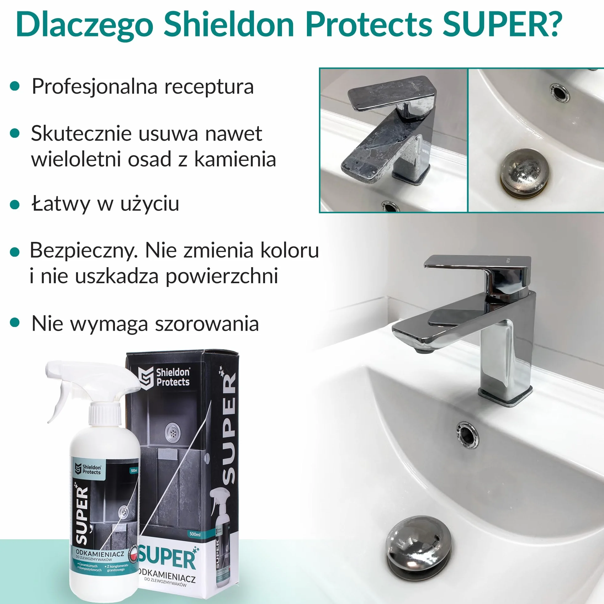 Shieldon Protects SUPER – Silny odkamieniacz do zlewozmywaków granitowych i kompozytowych (np. Silgranit, Fragranit), czajnika, armatury, prysznica, WC – usuwa kamień bez szorowania – 500 ml
