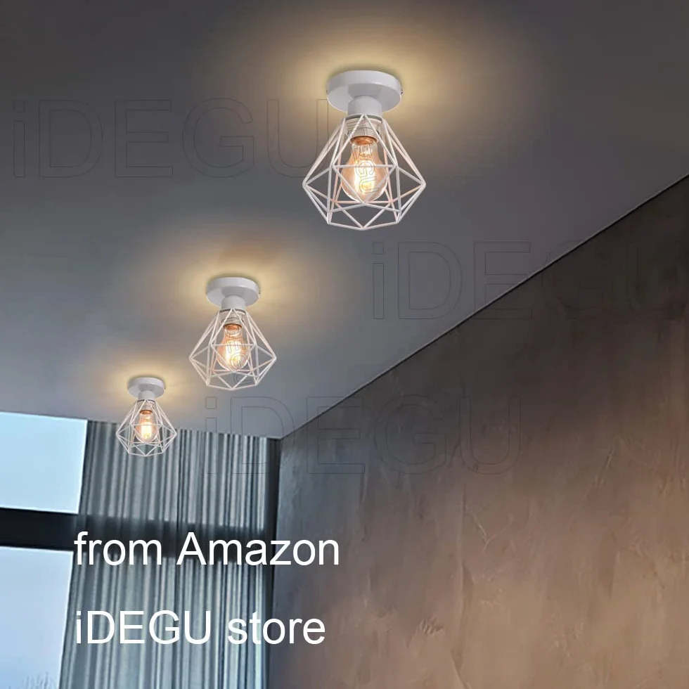 iDEGU Zestaw 2 sztuk przemysłowych metalowych lamp sufitowych w kwadratowej klatce, żyrandol żelazny klosz lampy wiszącej E27 40 W, czarny, do salonu, sypialni, baru (mały biały diament)