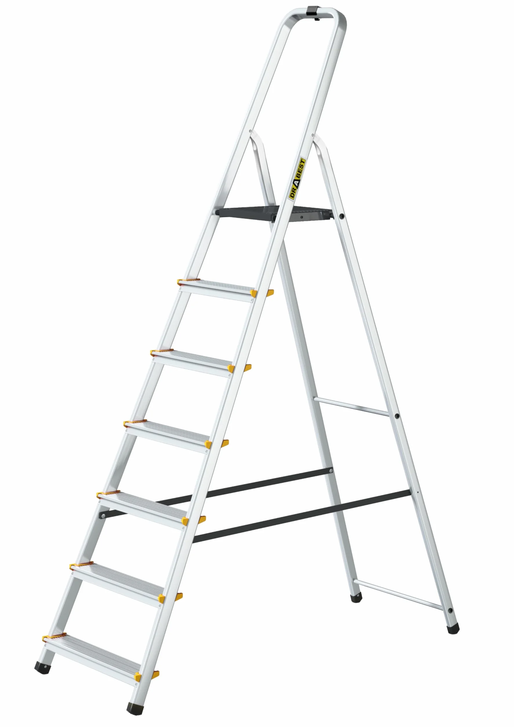 Drabest - PRO Drabina Domowa - 7 stopnie - Wysokość Robocza 3,40m - Drabina Składana Aluminiowa, z Praktyczną Półką, maks. 125 kg - z Platformą 25x26 cm, Antypoślizgowe stopki