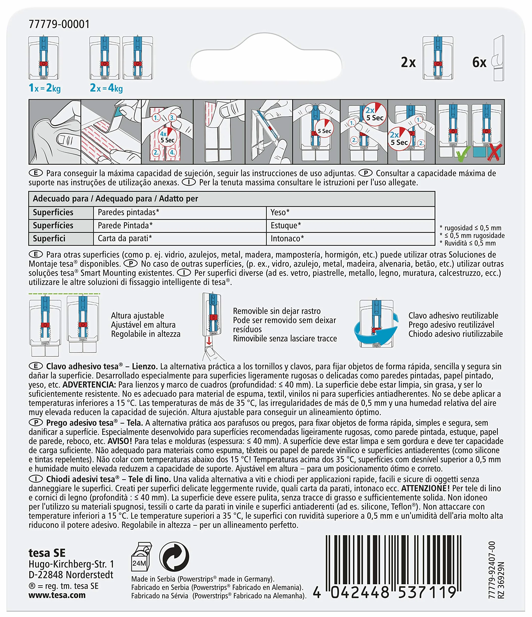 tesa gwóźdź do płótna, tapet i tynku, z regulacją wysokości, samoprzylepny gwóźdź, płótno i rama, siła klejenia 2 kg na gwóźdź, można je usunąć bez pozostawiania śladów