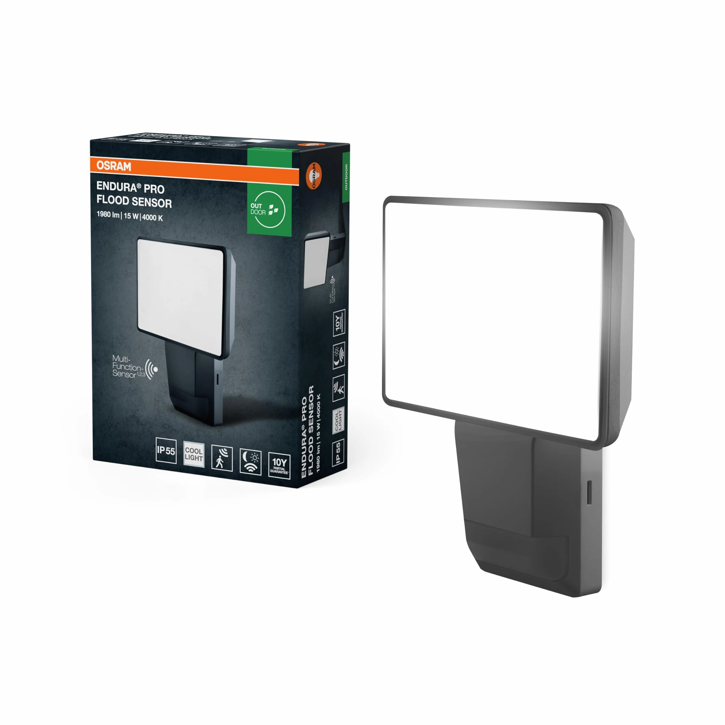 OSRAM ENDURA PRO Bardzo wydajny zewnętrzny reflektor ścienny z czujnikiem ruchu i szerokim kątem świecenia w innowacyjnej konstrukcji optycznej, 15 W, ciemnoszary, stopień ochrony IP55, do parkingów i | ENDURA PRO Czujnik Flood, Outdoor Lanterns, ciemnosz