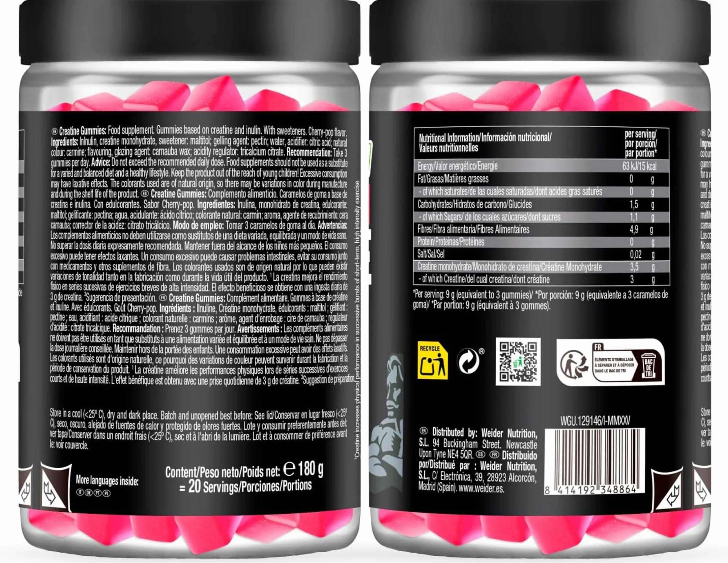 Weider Premium Creatine Gummies (60 żelek) o smaku wiśni, zawierające 3,5 g kreatyny monohydrat 100% Creapure na porcję, wspierają zwiększenie wydolności fizycznej (20 porcji)