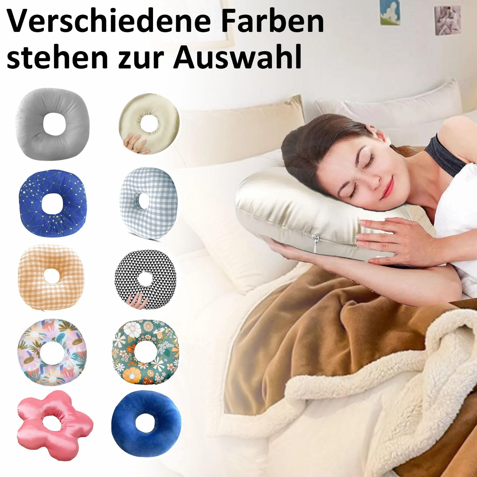 Poduszka do przekłuwania z otworem, poduszka do spania z boku, regulowane wypełnienie, bawełniana poduszka, pierścień do spania łagodzący ból ucha dla osób śpiących na boku, niebieska kratka