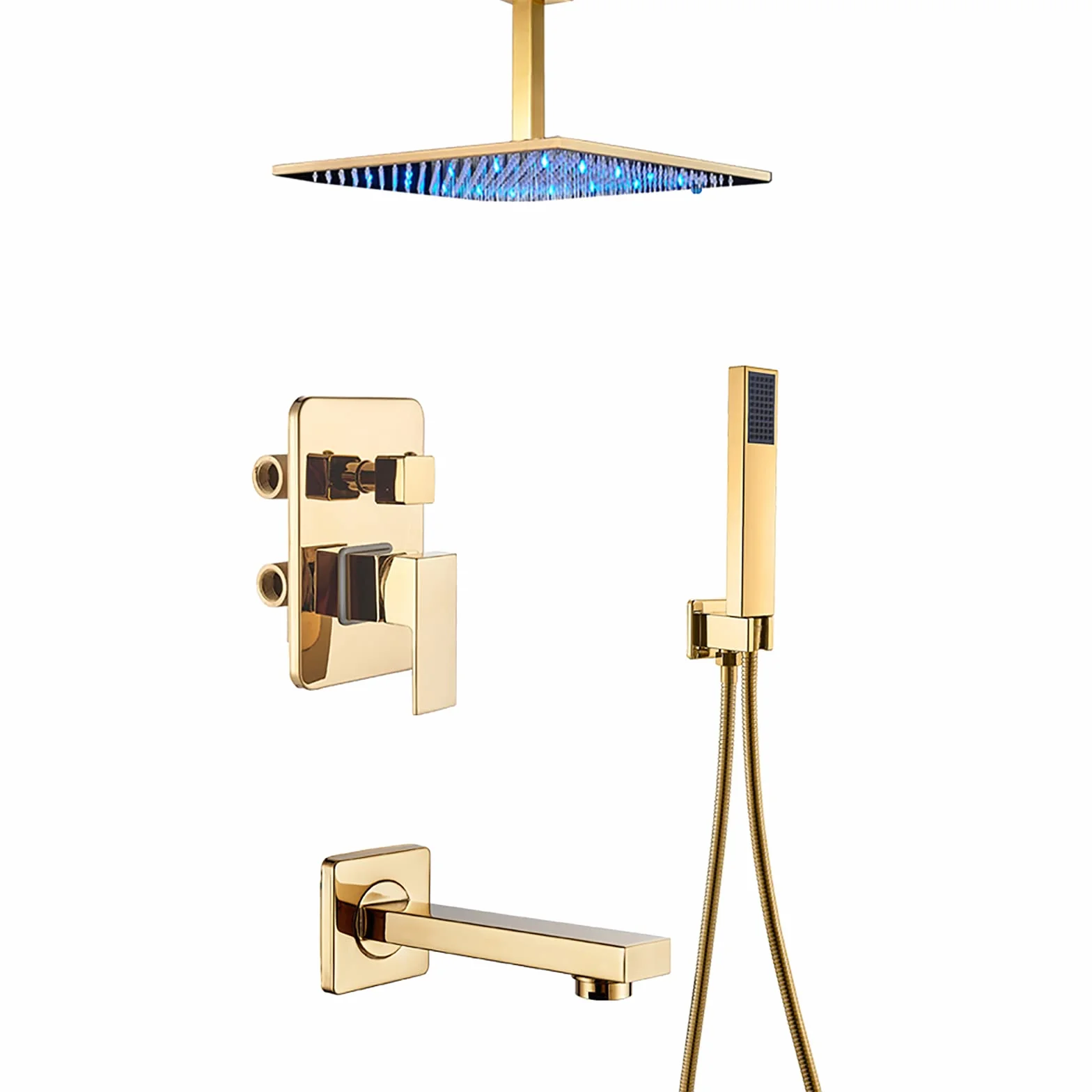 Zestaw prysznicowy z systemem LED, wylewka do wanny, kwadratowa głowica prysznicowa z efektem deszczu, słuchawka prysznicowa, instalacja sufitowa, armatura łazienkowa, 40 cm (16 cali