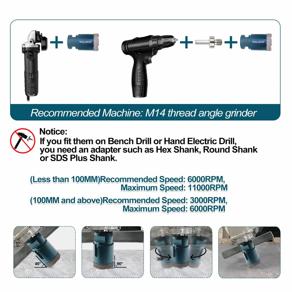 diamentowe wiertła 6/6/8/20/35/50/68mm 10 sztuk/zestaw i 10mm i 50mm frez i adapter do wiercenia na sucho porcelanowe płytki granitowe marmurowe