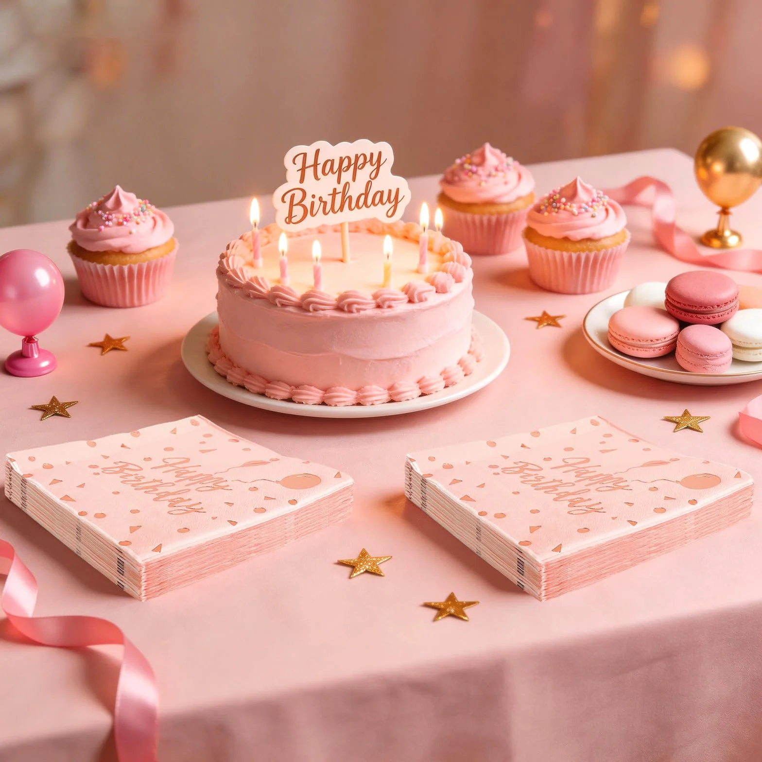 40 sztuk serwetek w kolorze różowym z napisem Happy Birthday, 33 x 33 cm, serwetki urodzinowe dla dzieci, kobiet dekoracja na urodziny, rocznicę, wieczór panieński i inne imprezy