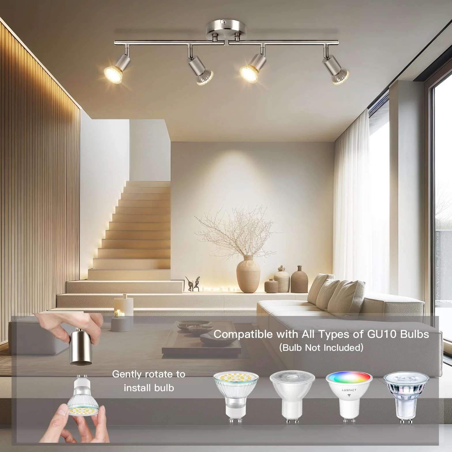Obrotowy reflektor sufitowy - niklowana matowa 4-drożna lampa sufitowa GU10 LED Zakres LED 350° nowoczesne lampy do kuchni, salonu, bez żarówek