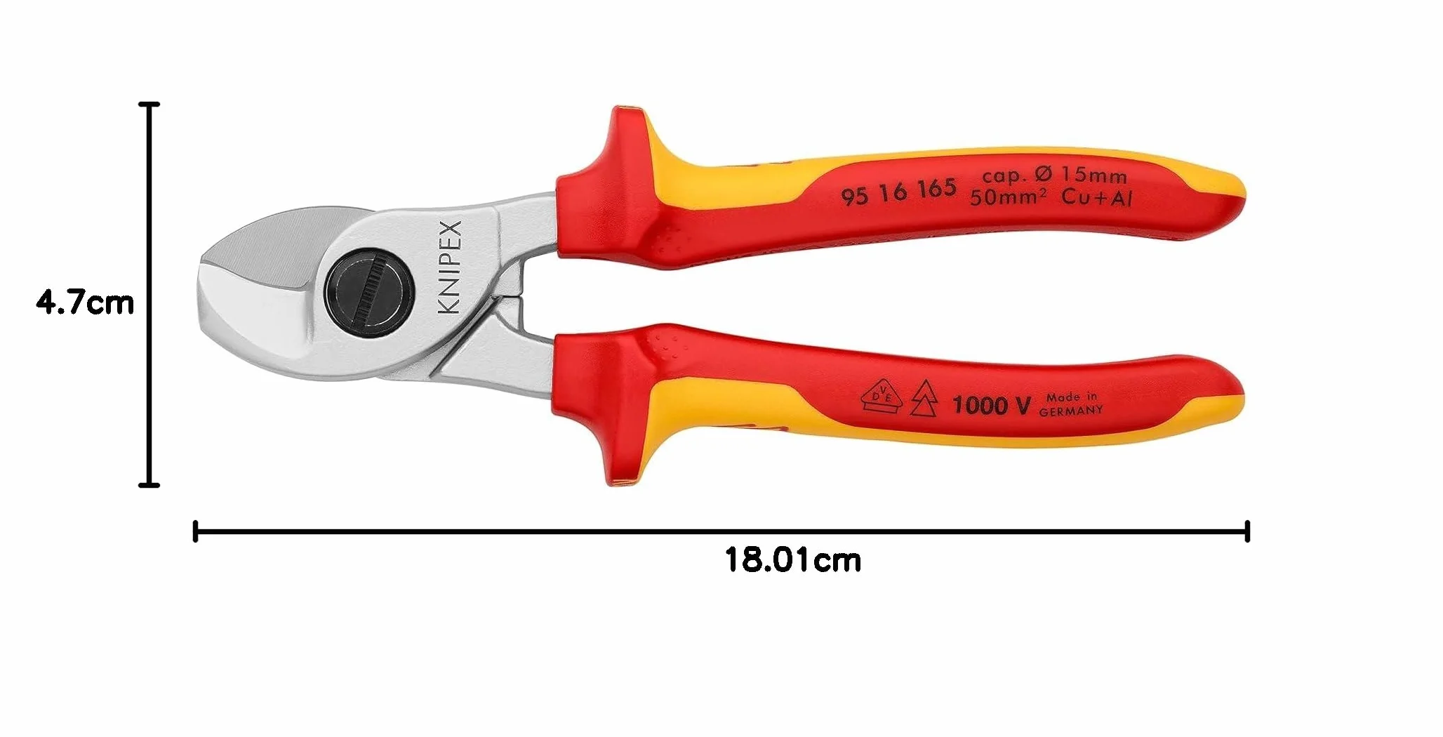 KNIPEX Nożyce do kabli chromowany z wielokomponentowymi osłonkami, izolowane wg VDE 165 mm, 95 16 165