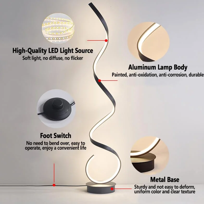 Lampa podłogowa spiralna, lampka do czytania LED z pilotem i przełącznikiem nożnym, bezstopniowa regulacja koloru i jasności do oświetlenia narożnikowego w sypialni, salonie, gabin