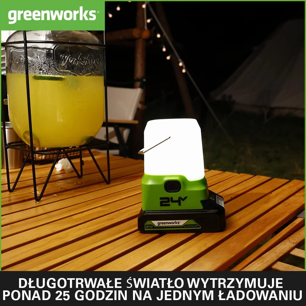 Greenworks G24LA500 Akumulatorowa Latarnia i Lampa Kempingowa z Hakiem do Zawieszania, 500 Lumenów, 3 Ustawienia Jasności, Gniazda USB i Typu C BEZ Akumulatora 24V i Ładowarki, 3 Lata Gwarancji