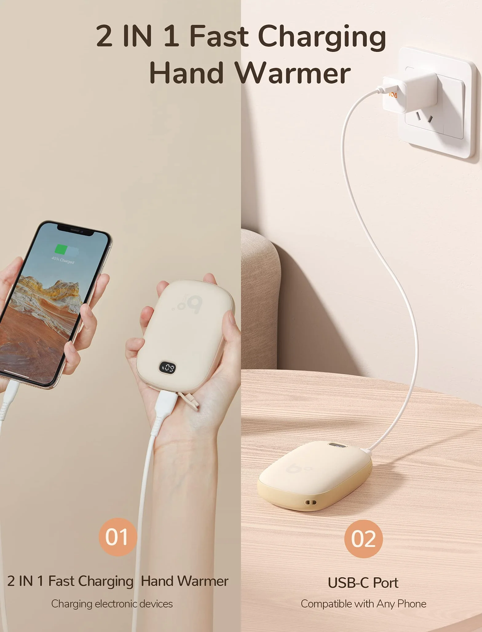 JISULIFE Ogrzewacz do rąk, elektryczny akumulator, przenośny ogrzewacz kieszonkowy/powerbank, ogrzewacz do dłoni USB z wyświetlaczem LED, elektryczny ogrzewacz do dłoni, mały, do użytku na zewnątrz,