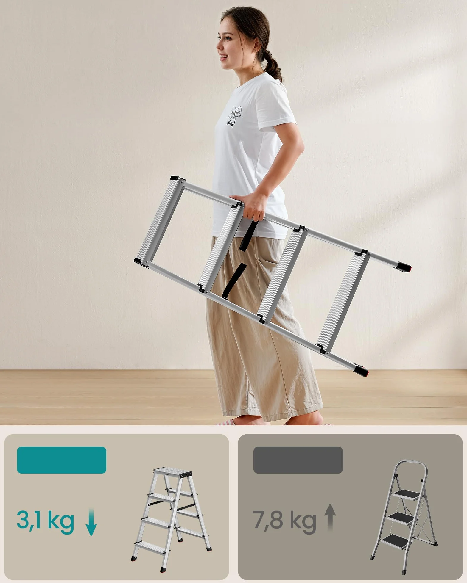 SONGMICS Drabina, schody, drabina aluminiowa z 4 antypoślizgowymi stopniami, składana, schody, drabina wielofunkcyjna, nośność do 150 kg, srebrno-szary atrament czarny GLT014E01