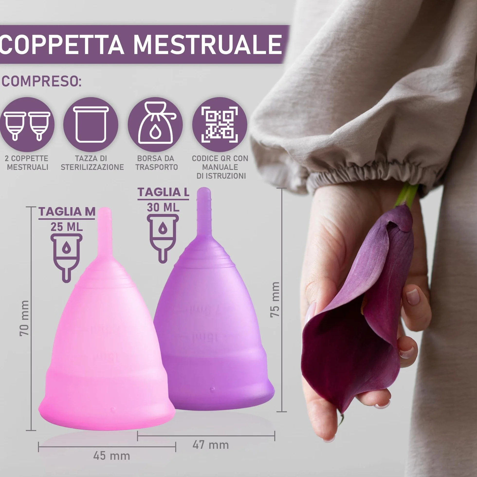 Kubek menstruacyjny – 2 filiżanki menstruacyjne w rozmiarach M i L, sterylizator i bawełniana torba do noszenia – 100% miękki silikon medyczny, nadaje się do prania i wielokrotnego użytku (M-L)