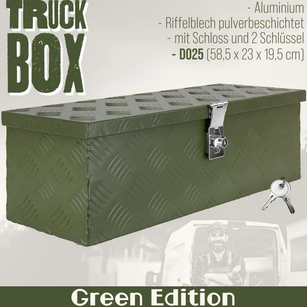 Trucky D025 skrzynka na dyszel, kolor zielony, skrzynka na narzędzia, aluminiowa skrzynka z przyczepą, zamykana, aluminiowa skrzynka transportowa, skrzynka na narzędzia, aluminiowa skrzynka do