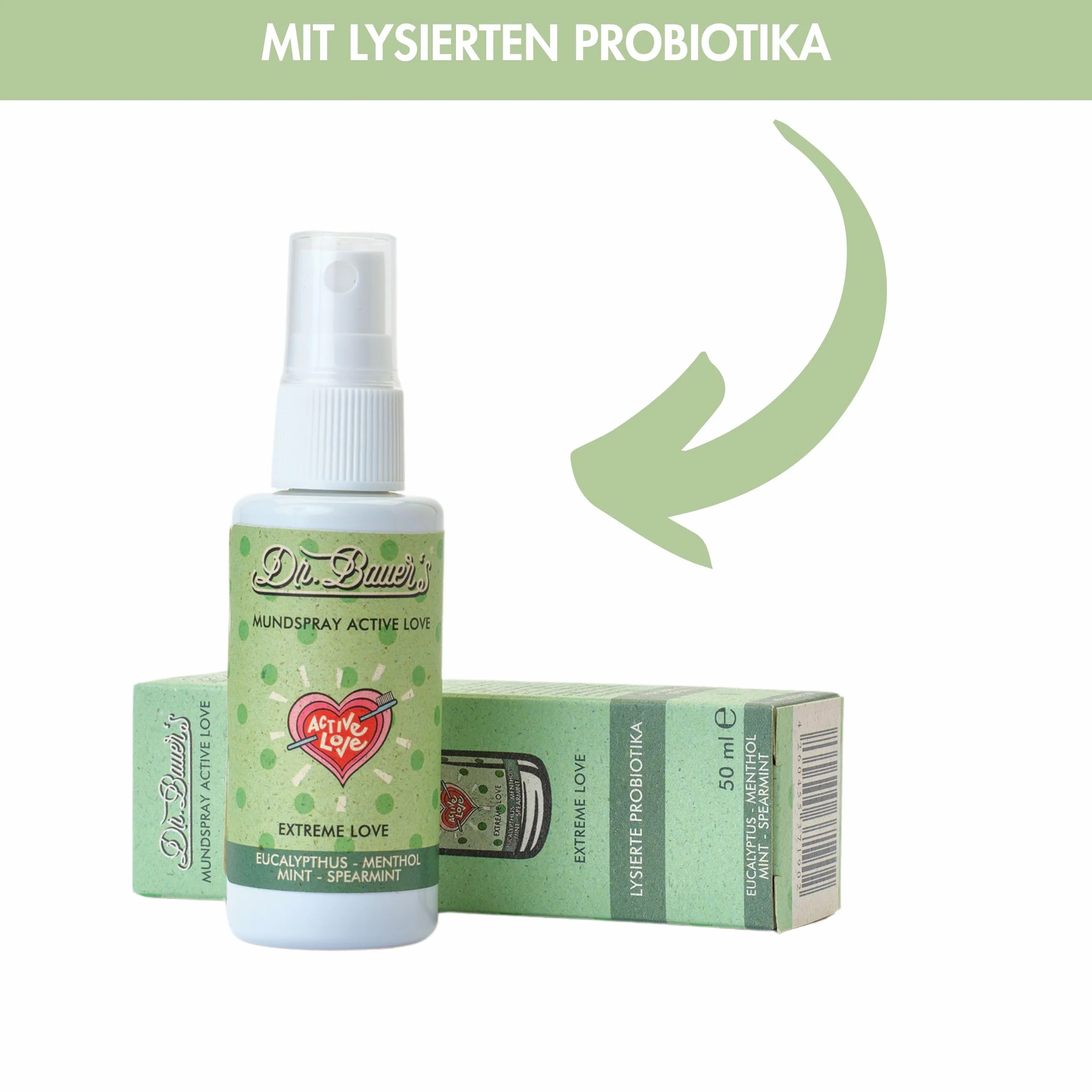Dr. Bauer's Spray do ust Extreme Love – bardzo mocna świeżość mięty zapewnia natychmiastowy czysty oddech – wegański spray do oddychania bez alkoholu – intensywny i zrównoważony – 50 ml