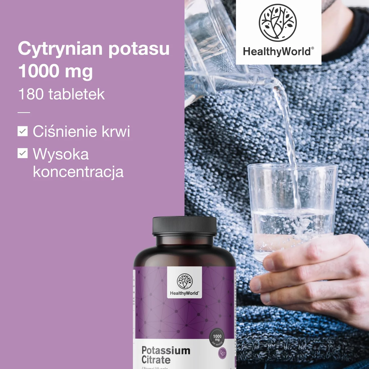 HealthyWorld Cytrynian potasu – 1000 mg w dziennej porcji – 180 tabletek – Optymalne stężenie – Wsparcie dla mięśni, układu nerwowego i ciśnienia krwi – Bez GMO – Zapas na 3 miesiące