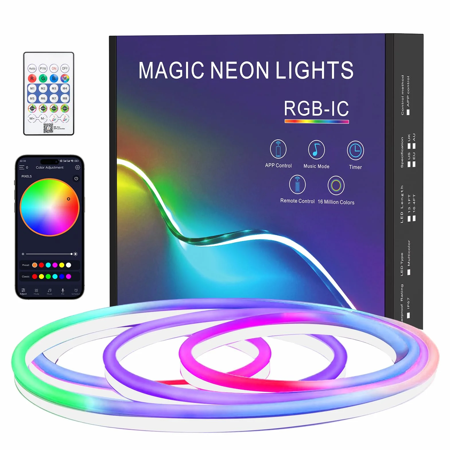 Neonowa taśma LED 1m, wodoodporna silikonowa taśma LED IP67 z pilotem i aplikacją, kształty DIY, synchronizacja muzyki do dekoracji wnętrz i na zewnątrz