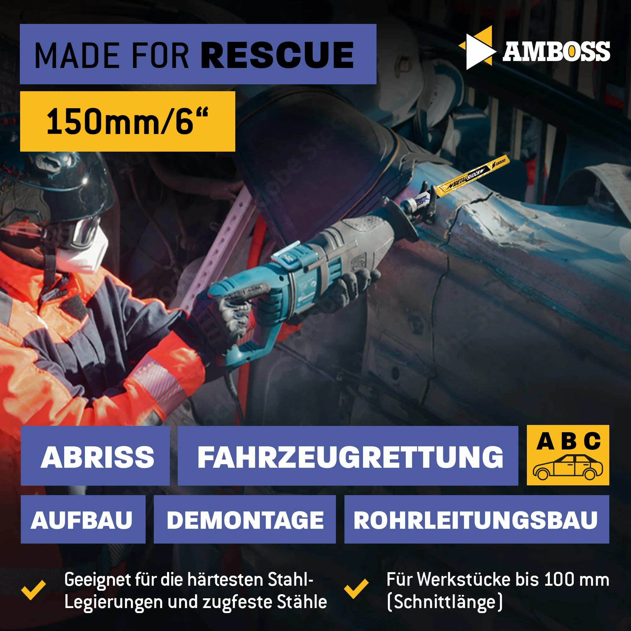 AMBOSS METAL SHOCK - 10 x brzeszczot do piły szablastej długość 230 mm / 8 ZpZ - idealny do odrywania / ratowania pojazdu / montażu / demontażu / budowy rur - nadaje się do stali (rur / profili / wsporników) oraz rur żeliwnych